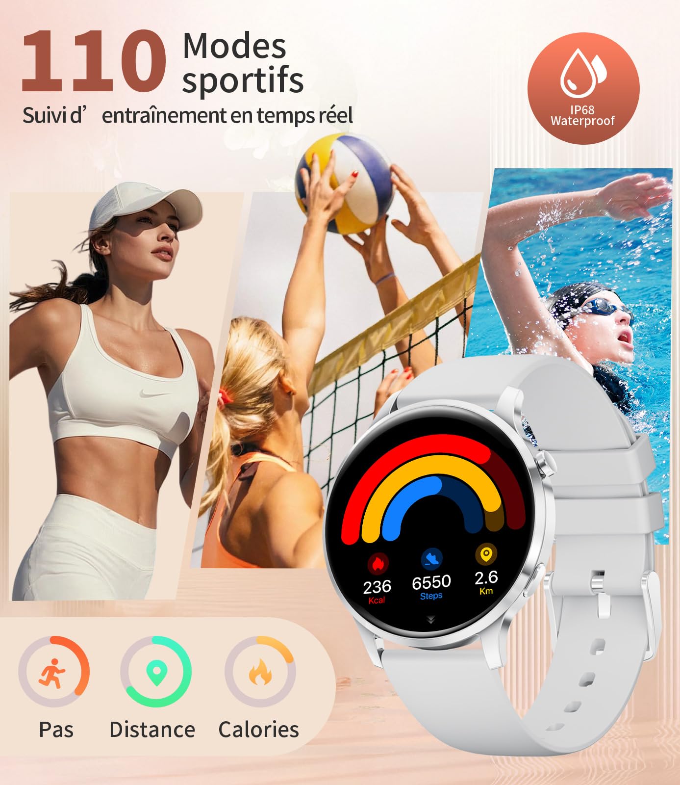 LIGE Montre Connectée Femme Ronde avec Fonction Téléphone 7,9 mm Fine 1,32" AMOLED Élégant Smartwatch pour Android iOS, Fitness Tracker avec Moniteur de Fréquence Cardiaque et de Sommeil,Argent