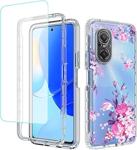 Funda para Nova 9 SEHonor 50 SE JLN-LX1 JLN-LX3 con protector de pantalla de vidrio templado, cuerpo completo transparente floral TPU Slim Funda