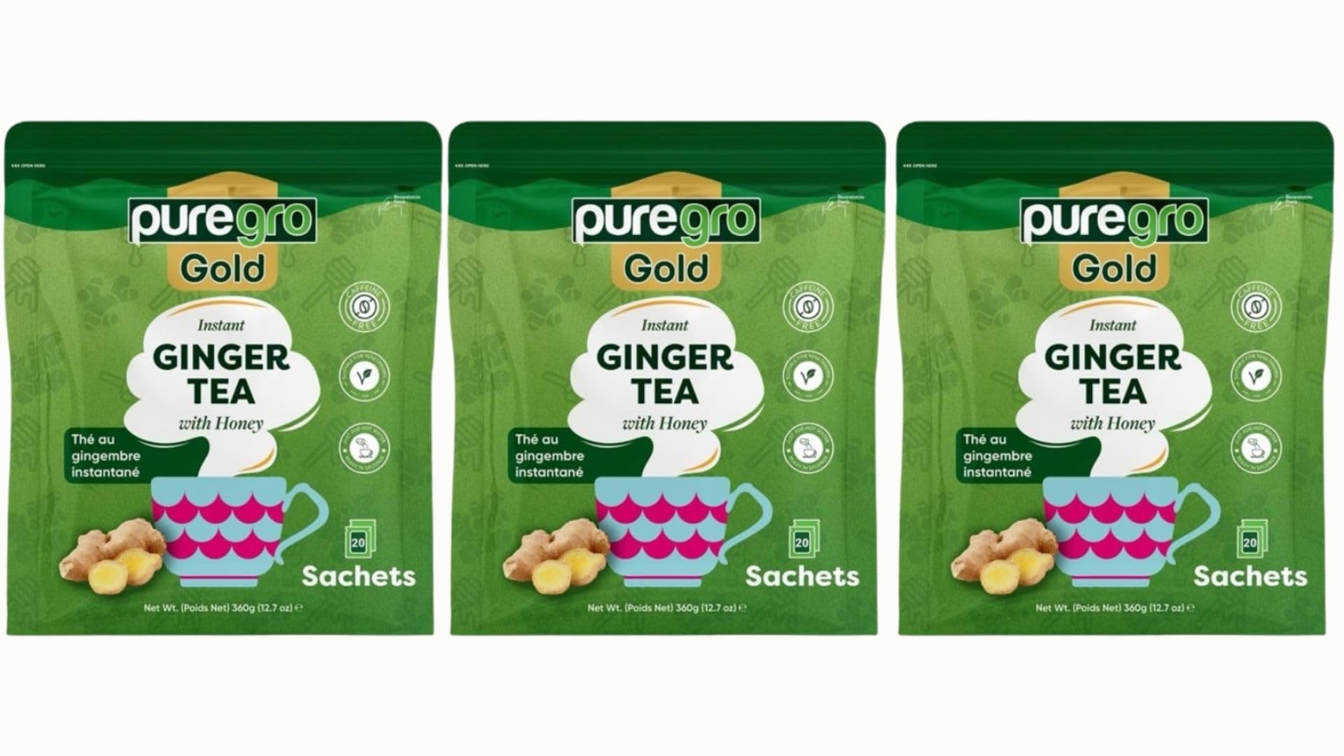 Puregro Gold Instant Ginger Tea with Honey 360g (20 Sachets) | PACK OF 3 | InstantGinger Tea | Warming Beverage, Soothing & Refreshing | Natural Ginger & Sweet Honey Blend | Easy to Prepare.