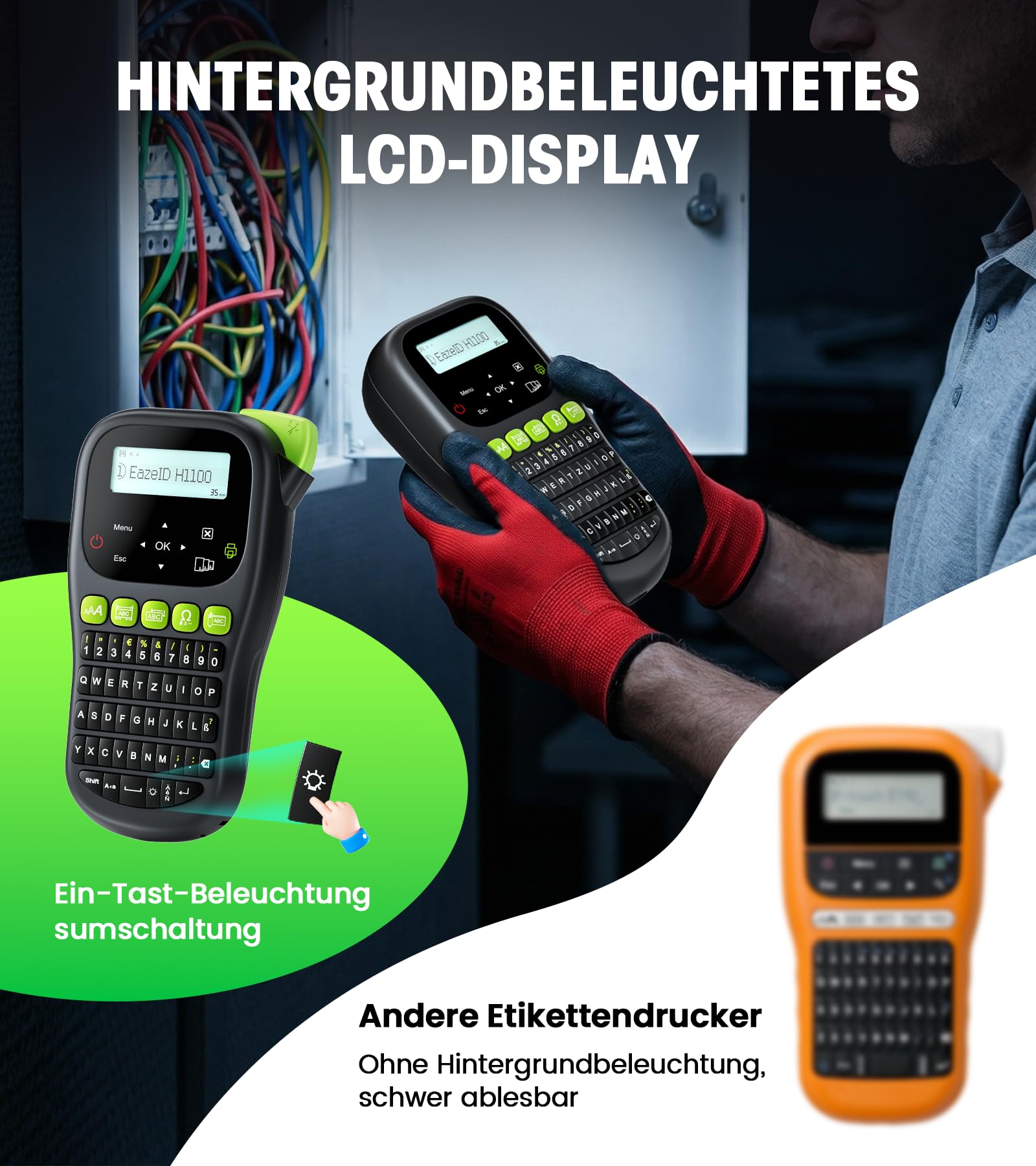 H1100 etichettatrice portatile industriale, LCD retroilluminato, include 4 nastri BZ da 12mm. Stampante etichette marcatura cavi per industria, ufficio e officina