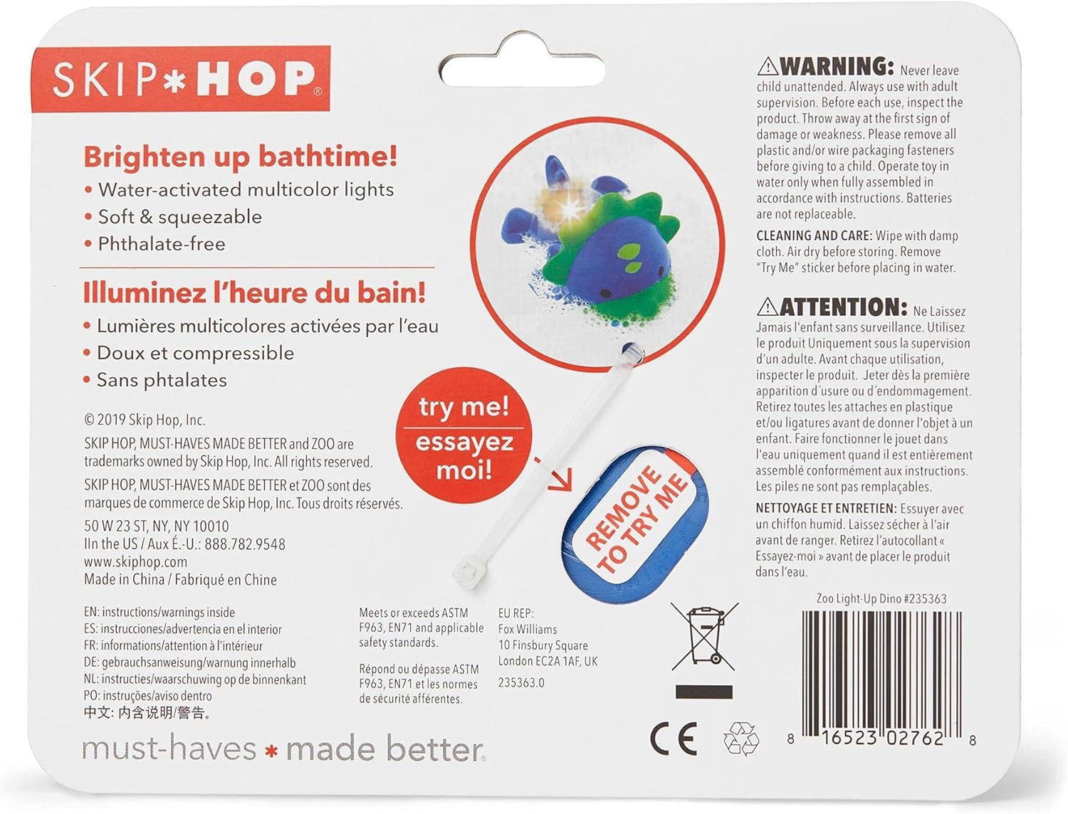 Skip Hop Bath Toys, Squeeze Toy Light Up Dino, 1 EA