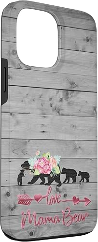 Miniatura 3 de Funda rústica gris vintage para iPhone 13 Pro Max con diseño floral y negro Mama Bear tres cachorros
