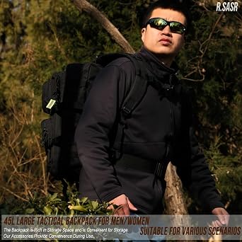 Black Tactical Backpack Military Backpack Molle Backpack, Black, 40L, Laptop