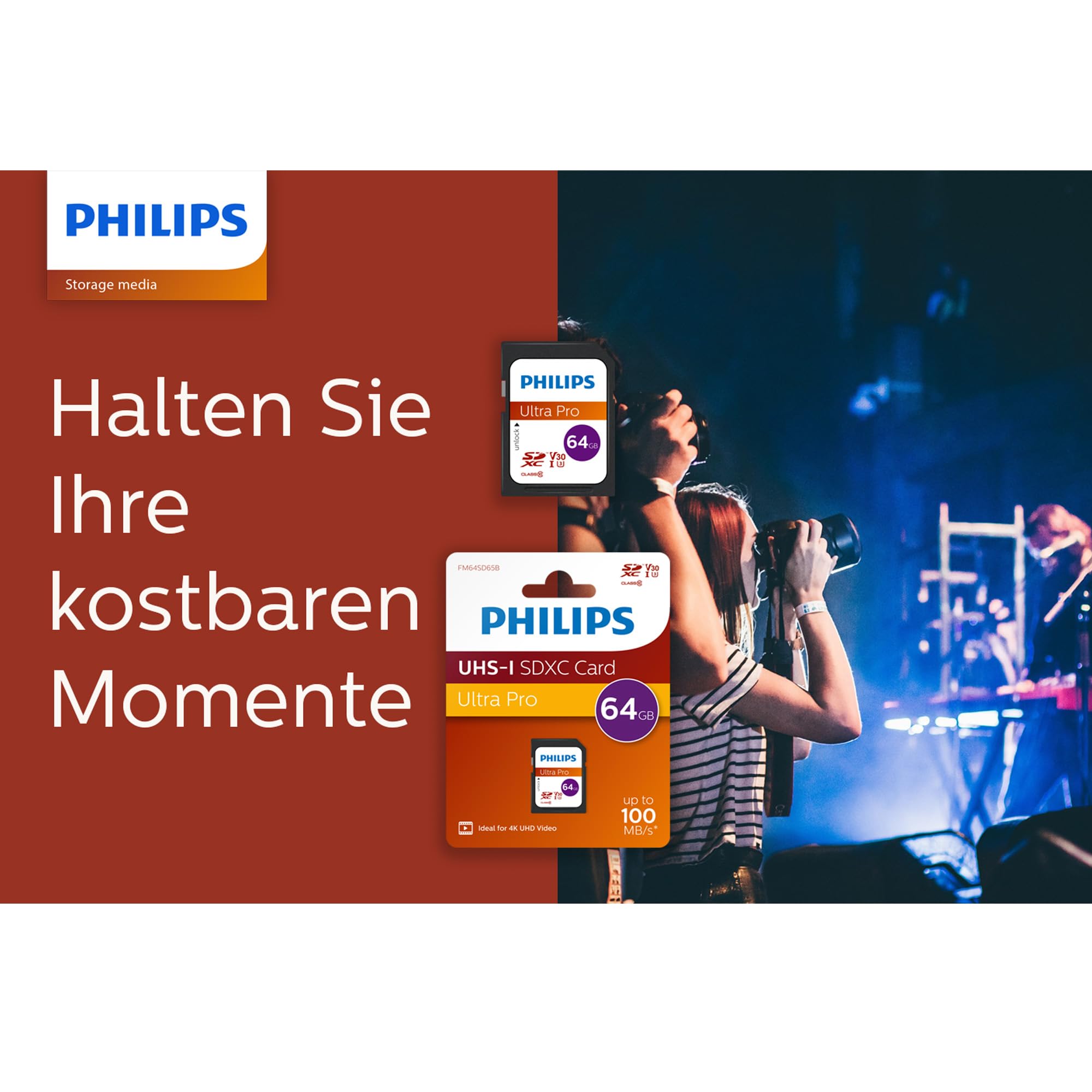 Philips Ultra Pro MicroSDXC 64GB + Adattatore SD | Lettura 100MB/s | A1, U3, V30 | 4K UHD | Per Smartphone, Tablet, GoPro, DJI