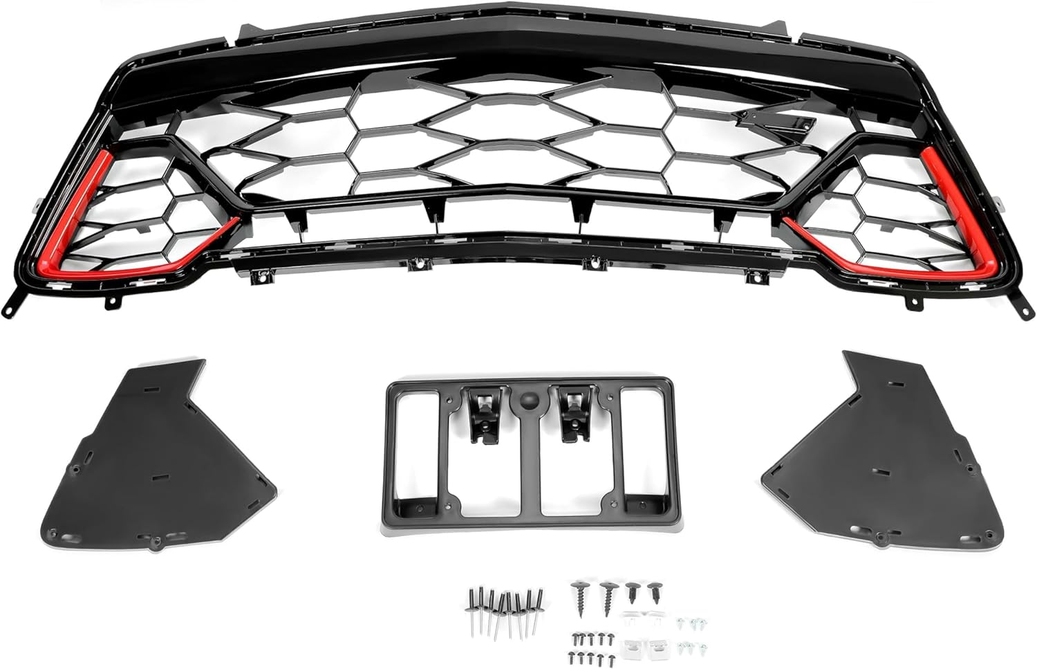 KUAFU Lower Grille & License Plate Frame Compatible with 2016-2018 Chevy Chevrolet Camaro SS Replace for 84040593 Painted Plastic Black & Red