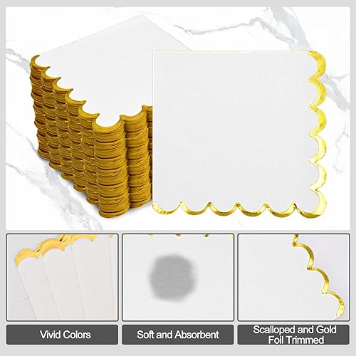 Miniatura 4 de Paquete de 200 servilletas de papel blanco y dorado festoneadas servilletas de cóctel desechables blancas para cumpleaños, baby shower, suministros
