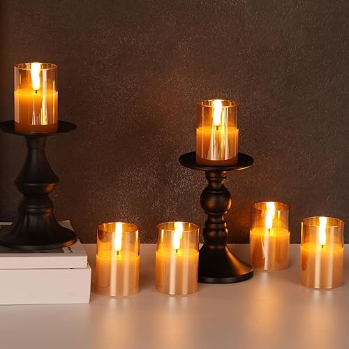 Miniatura 8 de Velas votivas sin llama de cristal dorado con temporizador remoto, velas LED parpadeantes de cera real, juego de 6