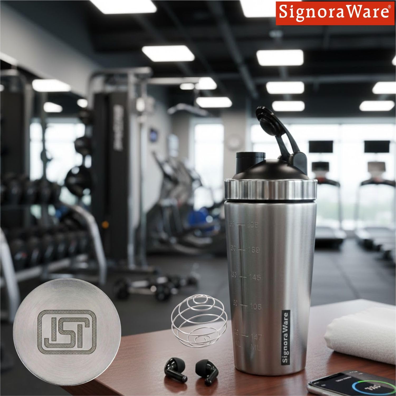 SignoraWare Charger ISI Certified Stainless Steel Shaker | Leakproof | Compact | Perfect for fitness Enthusiasts & Athletes | Ideal for mixing Protein shakes & Pre-workout formula ( 750ml | Steel )