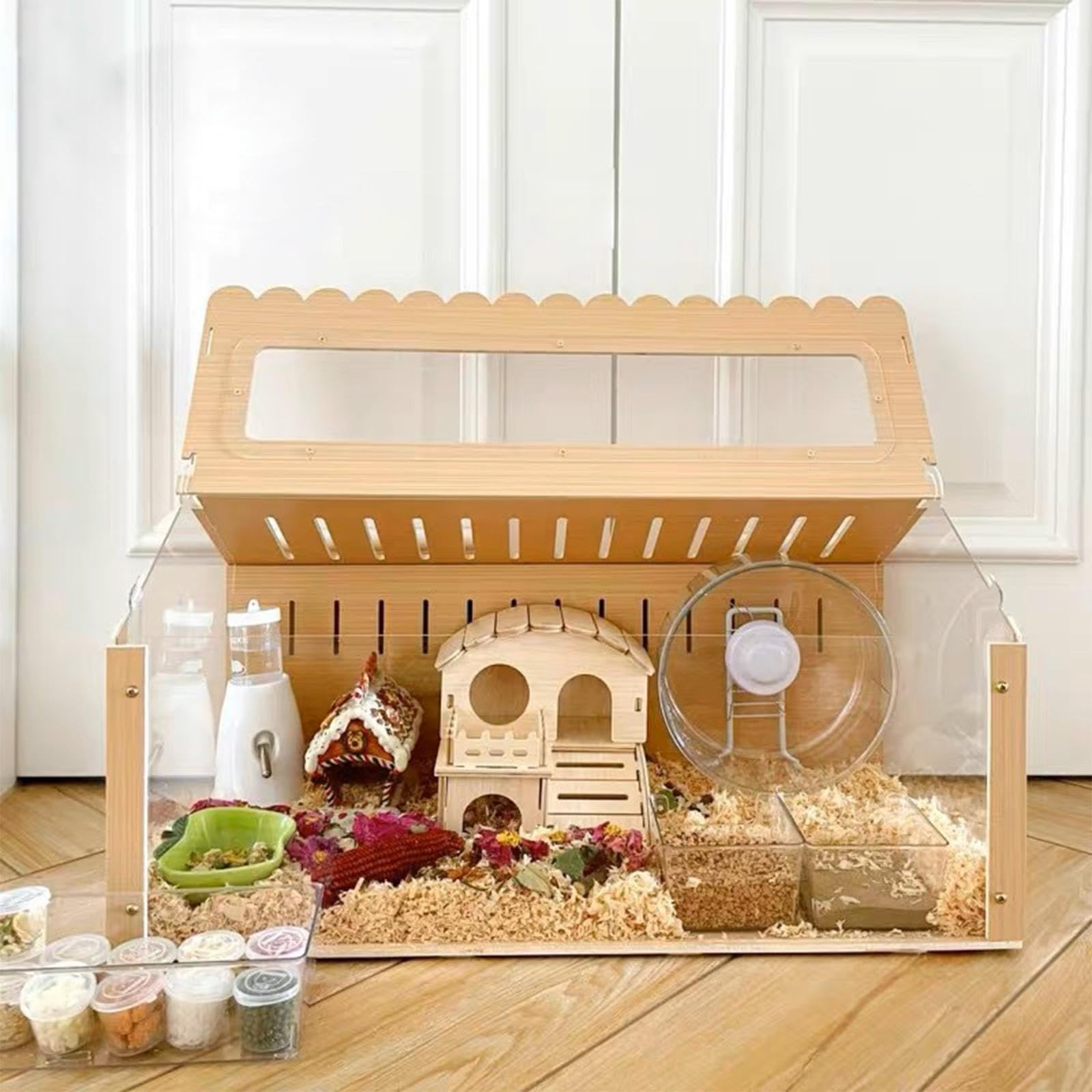 Casa Hamster de Madera Refugio Natural Nido de Ejercicio Juguete Decorativo con Escalera Ventilada Fácil de Montar Adecuada para Hámster Erizo Ratón C, 60x32x38CM