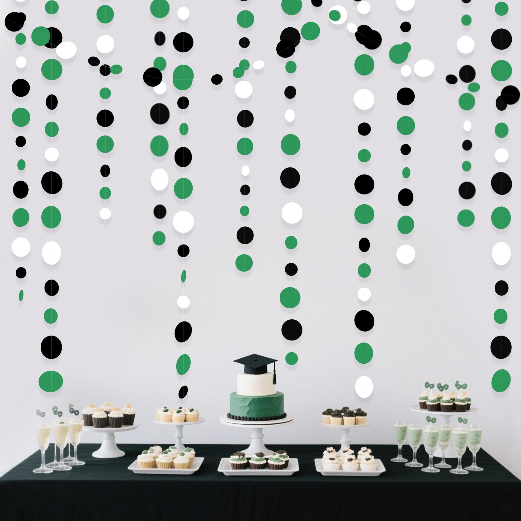 46 Ft Black Green Party Decorations Polka Dots Garlands Green and Black White Hanging Paper Circle Dots Streamer for Birthday Graduation Wedding Shower Soccer Video Game Party Decoration Supplies