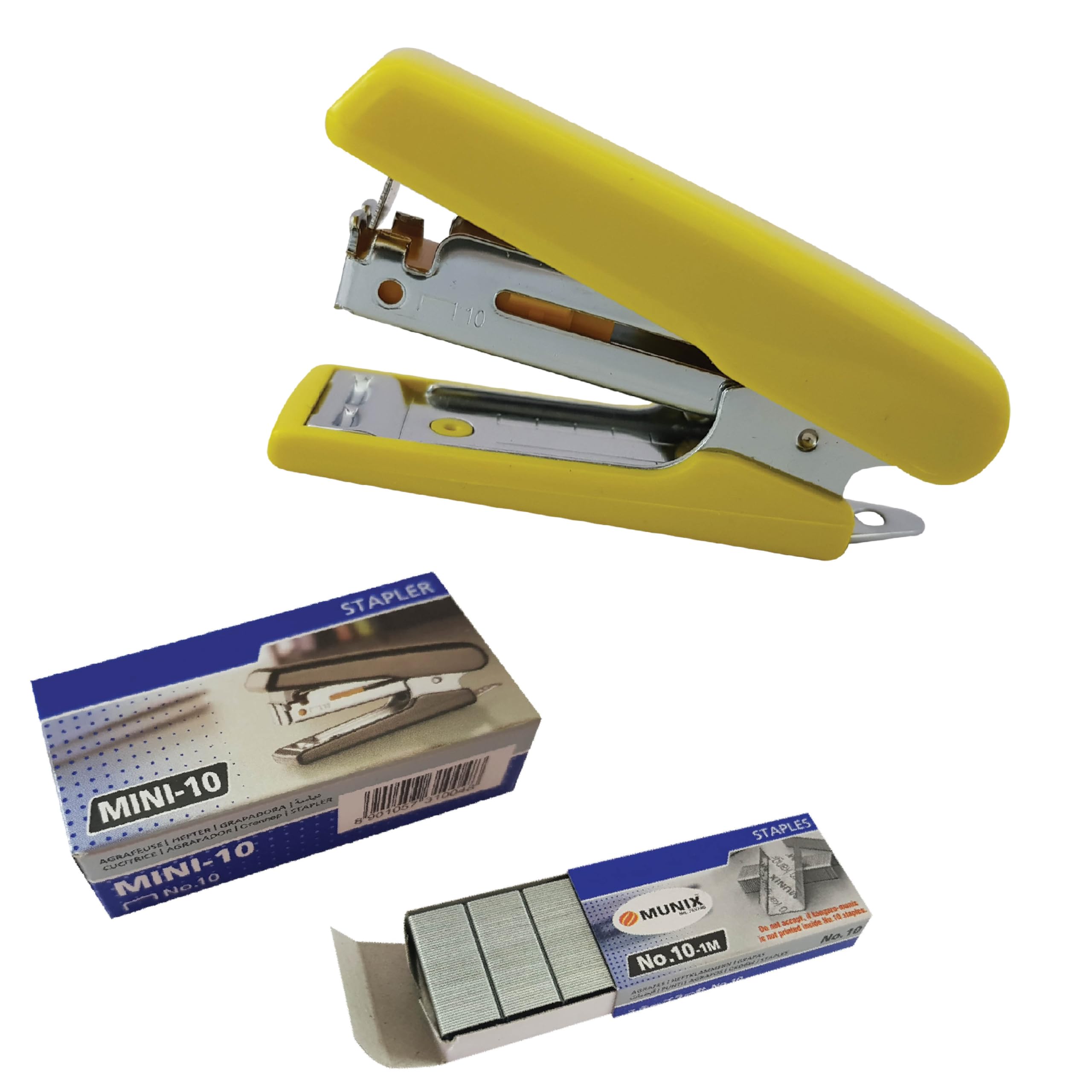 ZMINI10 Mini Stapler with Built-in Staple Remover, Yellow Body + 1000 Staples, 10 Sheets Stapling, School Office Home Use, iZOFAX Black Ball Pen