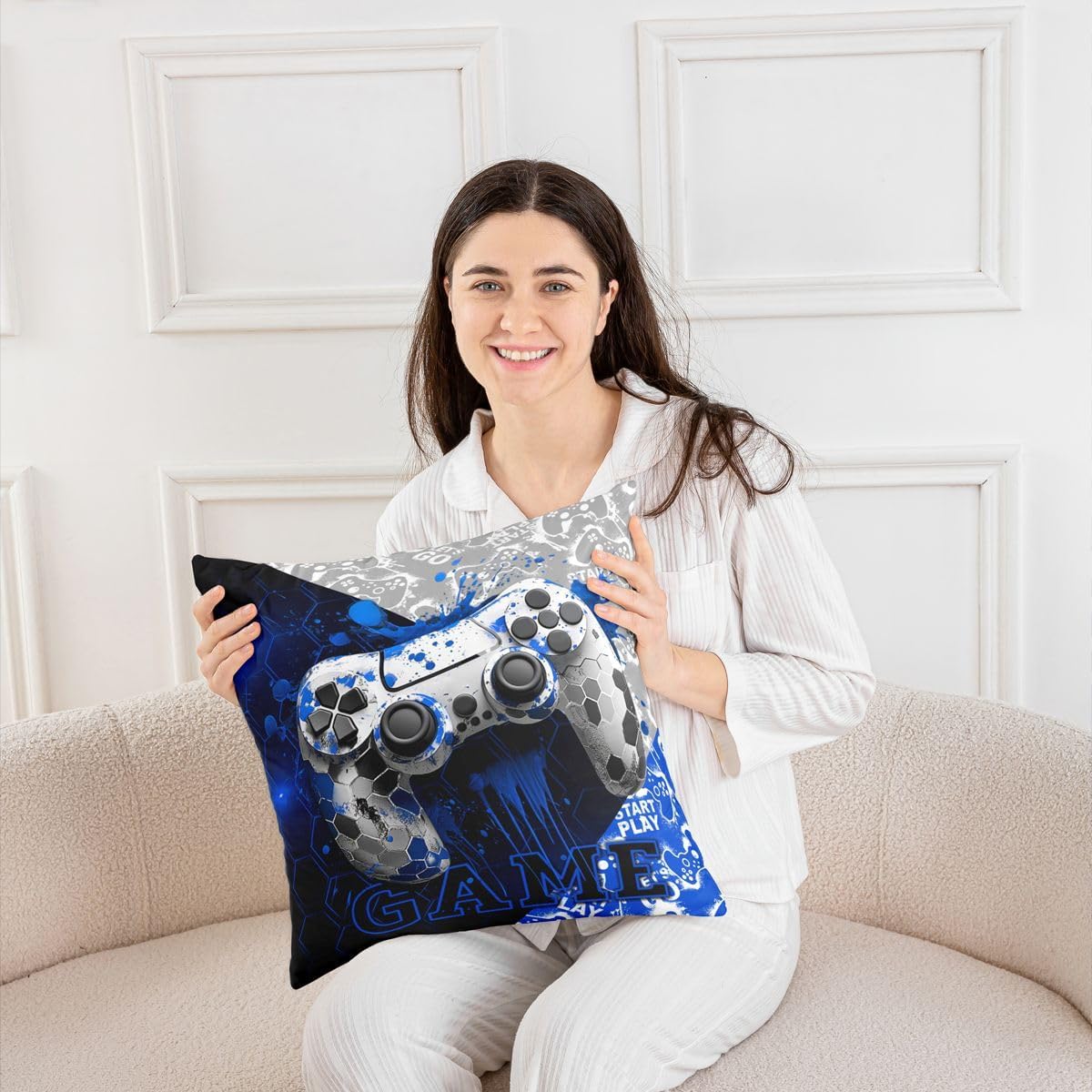 jejeloiu Blue Gamer Throw Pillow Covers Set of 2 Gaming Decorative Pillowcase Game Room Decor Cushion Covers for Sofa Couch Bed Gamepad Cushion Case Home Decor 18 x 18-Inch image 5