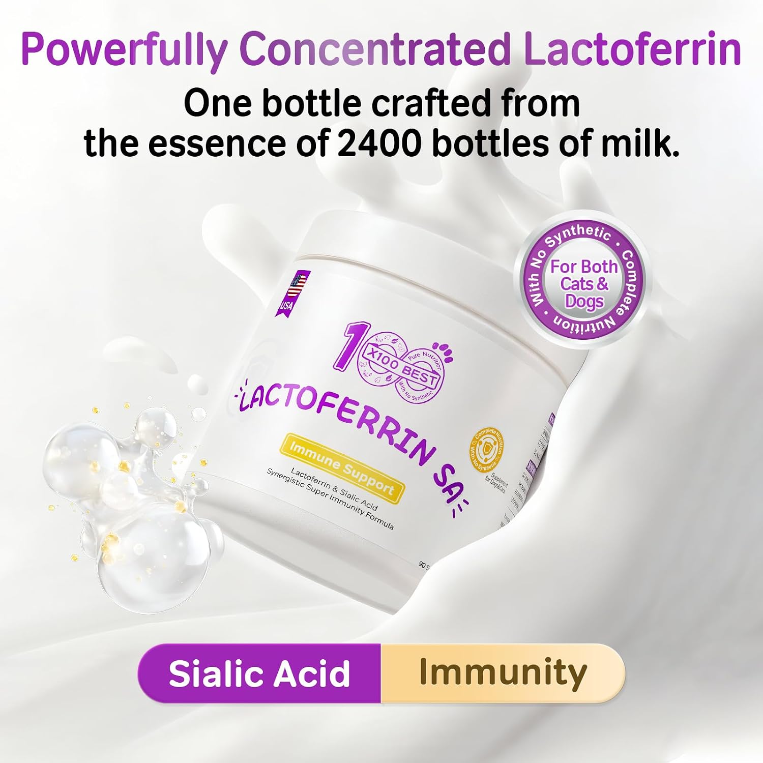 Lactoferrin & Sialic Acid for Dogs & Cats – with Astragalus Polysaccharides & BB536 Probiotics, Immune & Digestive Support for Senior Pets & Weaning Puppies/Kittens, 90 Softgels
