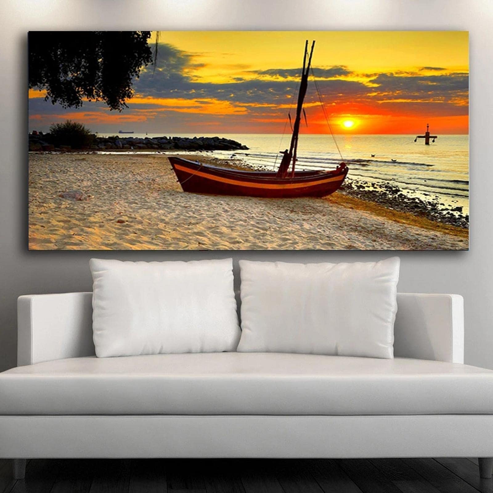 Tableau Photo Sur Toile 100x50 Cm - Impression Paysage Bateaux Mer, Style Moderne