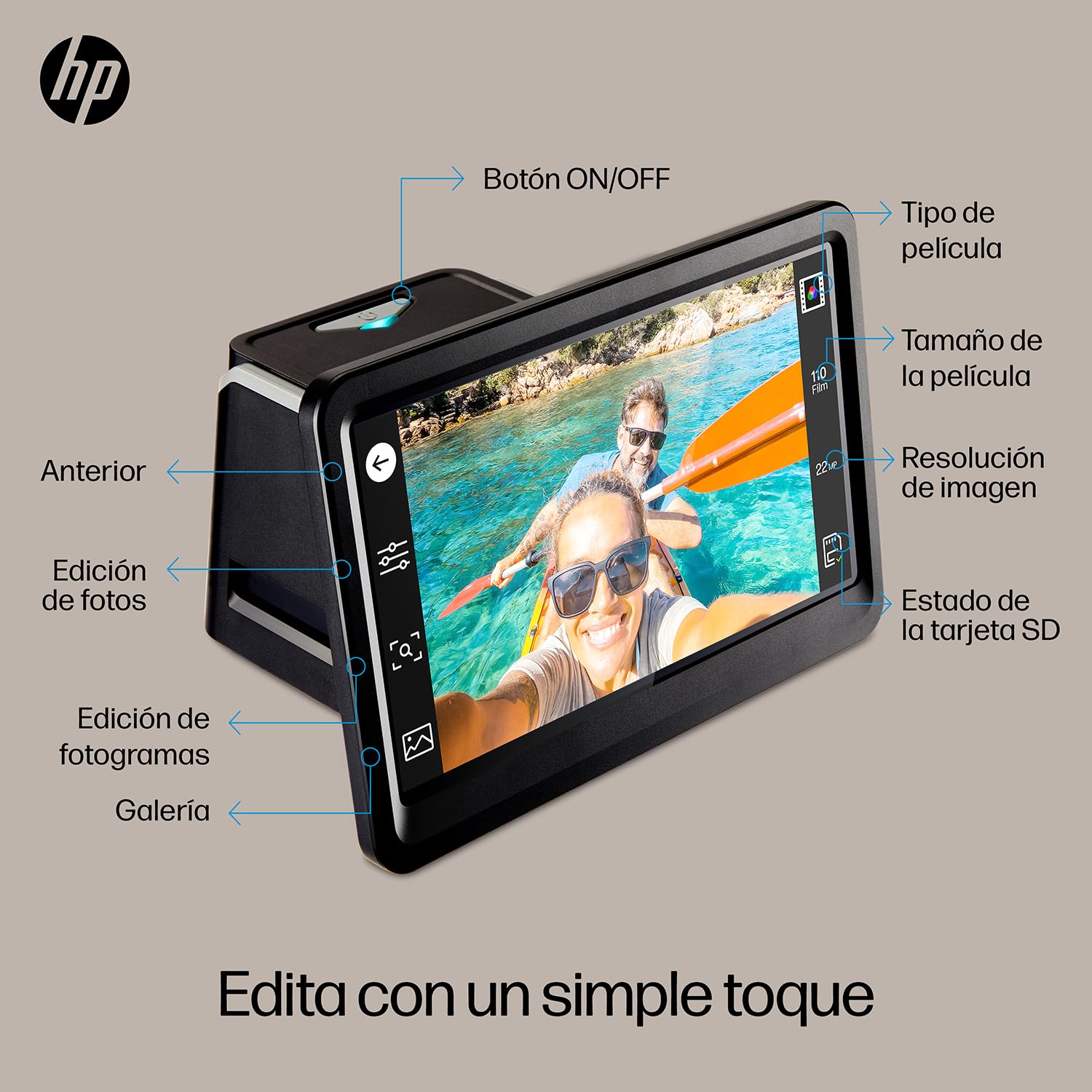 HP FilmScan - Digitalizador de película táctil y escáner deslizante con pantalla LCD ajustable de 7 pulgadas, convierte rápidamente negativos y diapositivas a fotos digitales JPEG de 22 MP, compatible