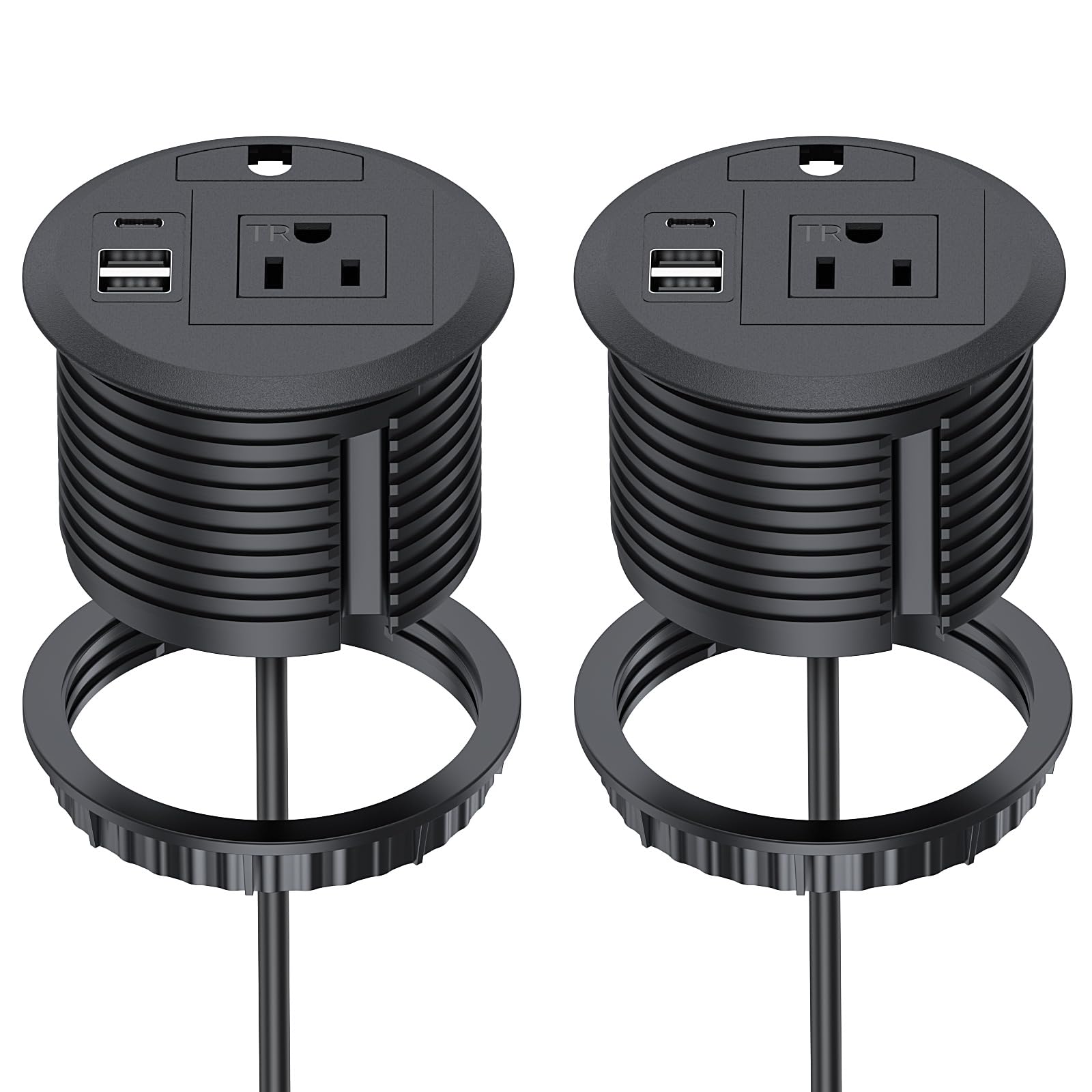 Desktop Power Grommet Outlet PD 20W Fast Charging USB-C,Tamper-Resistant Design AC Outlets,3.15'' Desk Hole Grommet Outlet,Recessed Power Grommet with 3 USB Ports (2-Pack)