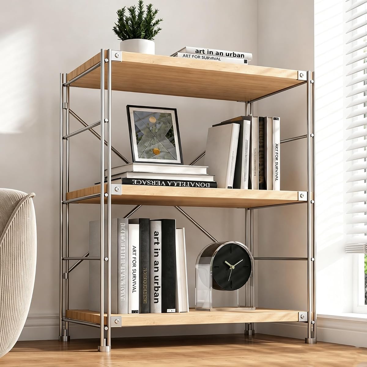 Small Bookshelf 3-Tier, 35.43in H,Adjustable Shelf Spacing Bookcase | book shelf 1 in Thick Shelves Carbon Steel Frame 60 lbs Per Shelf X-Frame Back Support Open Storage Design Anti-Tip Hardware