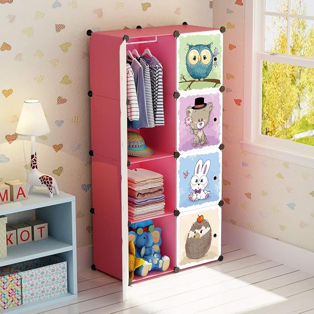 BRIAN & DANY Cartoon Clothes Closet Wardrobe DIY Modular Storage Organizer, Sturdy and Safe for Children, 6 Cubes & 1 Hanging Sections, Pink, 75 x 47 x 147 cm
