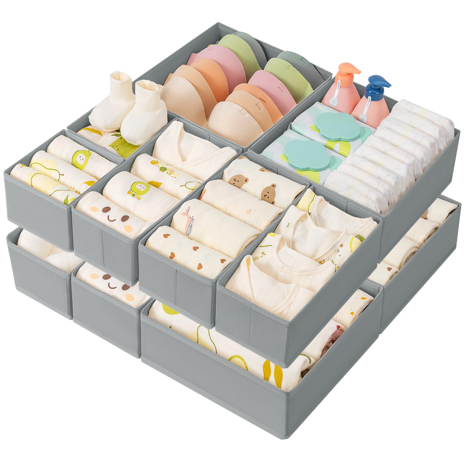DIMJ Organizer na bieliznę – szuflady na ubrania Drawer organizer do szuflady, 12 sztuk ubrań dla niemowląt, spodni, skarpet, szary