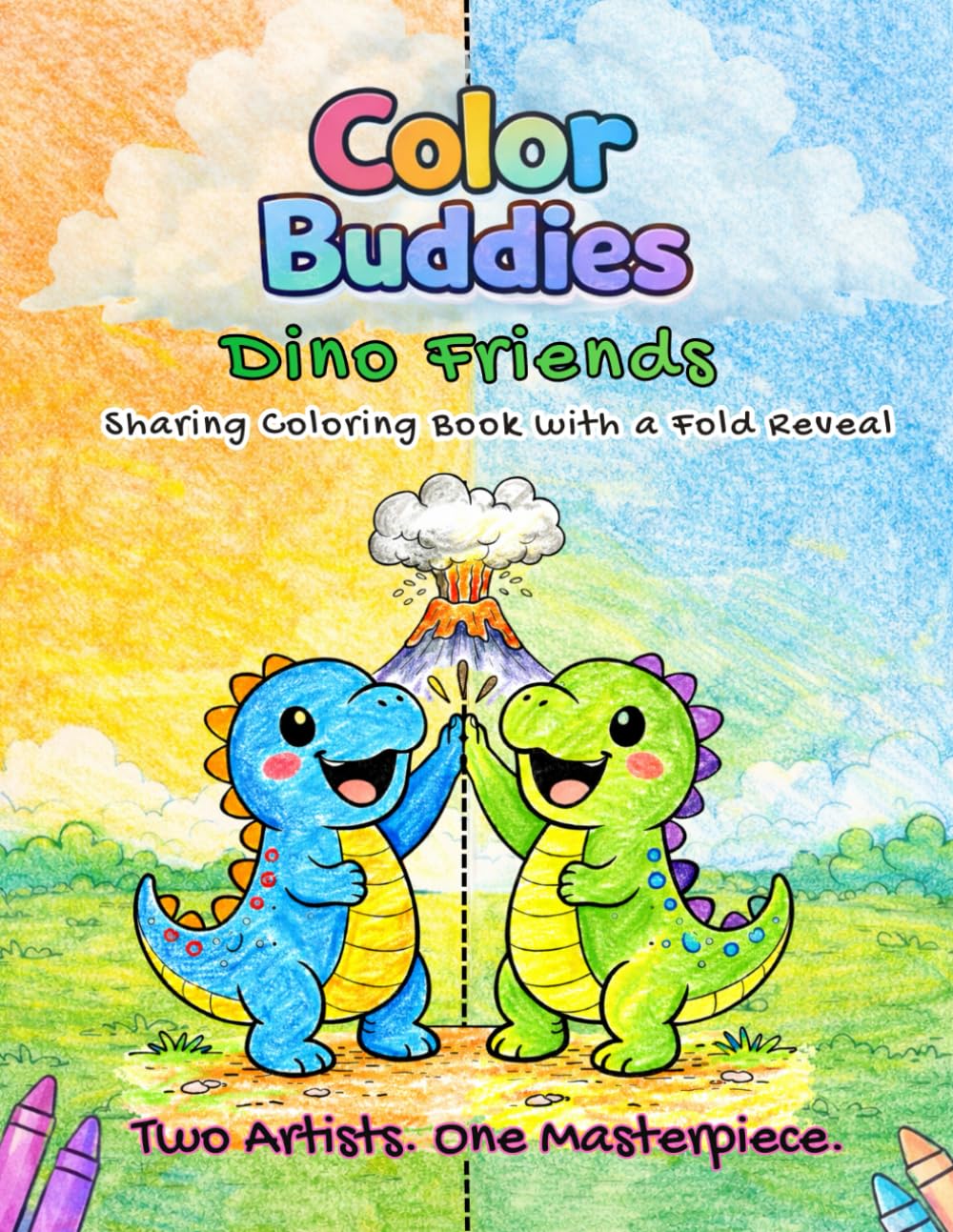 Color Buddies: Dino Friends: A Sharing Coloring Book for Two Kids | Fold & Reveal Surprise Pages for Twins, Siblings & Friends