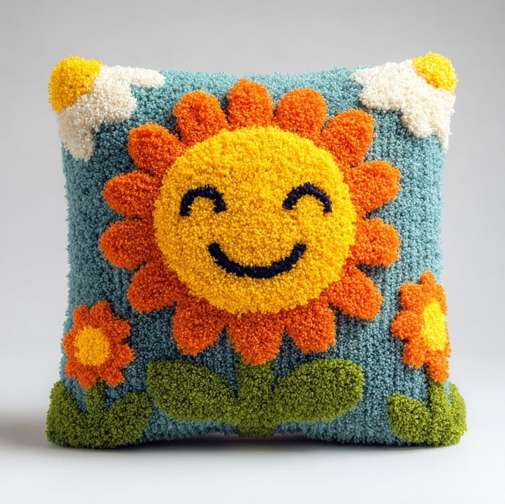 WallustrioaW DIY Rug Cushion kit,Smiling Sunflower,Beginner Latch Hook kit - Therapeutic Craft for Adults - Pre-gridded Latch Canvas - Mothers Day Handmade Gift,17x17in