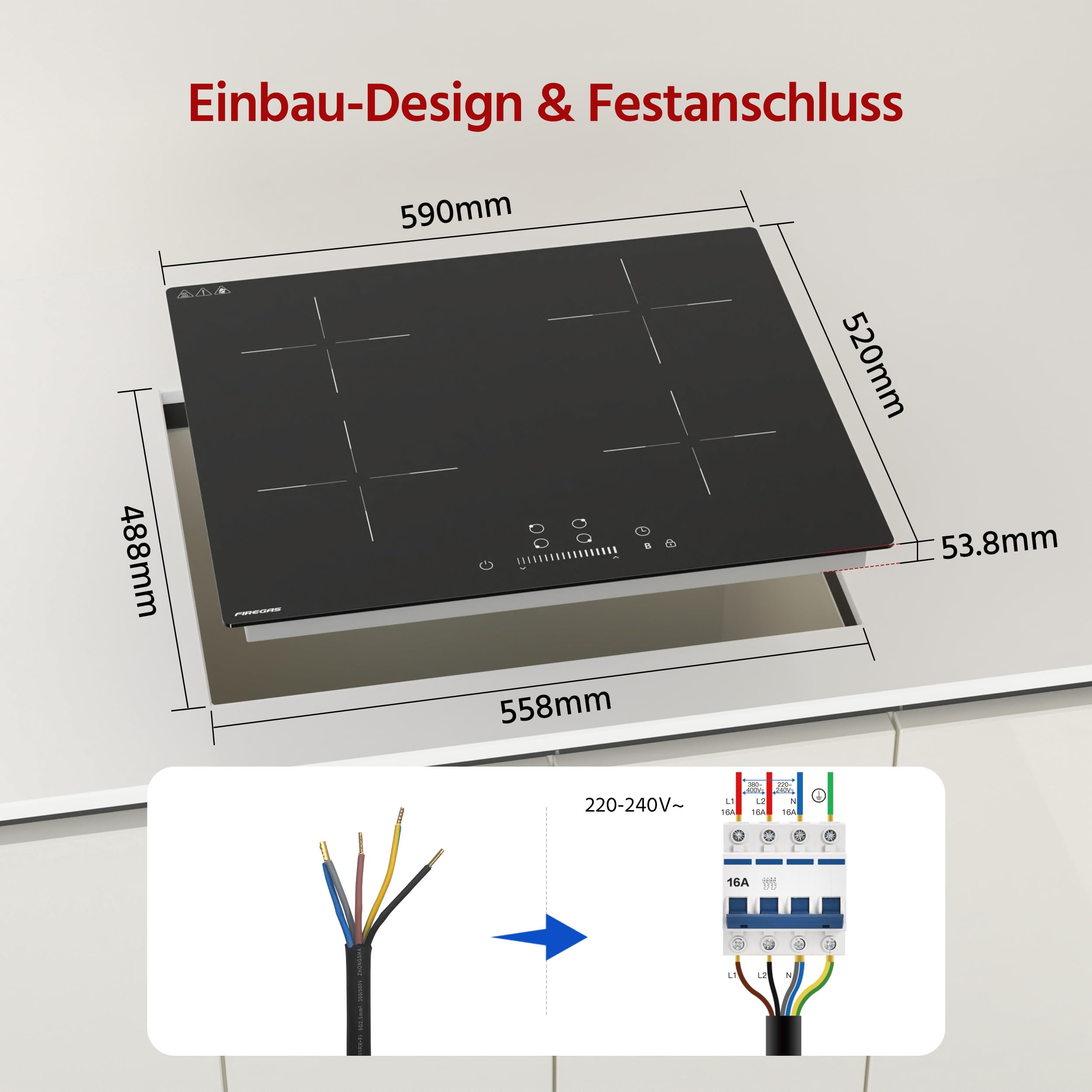 FIREGAS 7400W Einbau-Induktionskochfeld, 4 Kochzonen, 9 Leistungsstufen, Timer 1–99 Min, Boost-Funktion, Touch-Bedienung, Schwarz, 60 cm - 5
