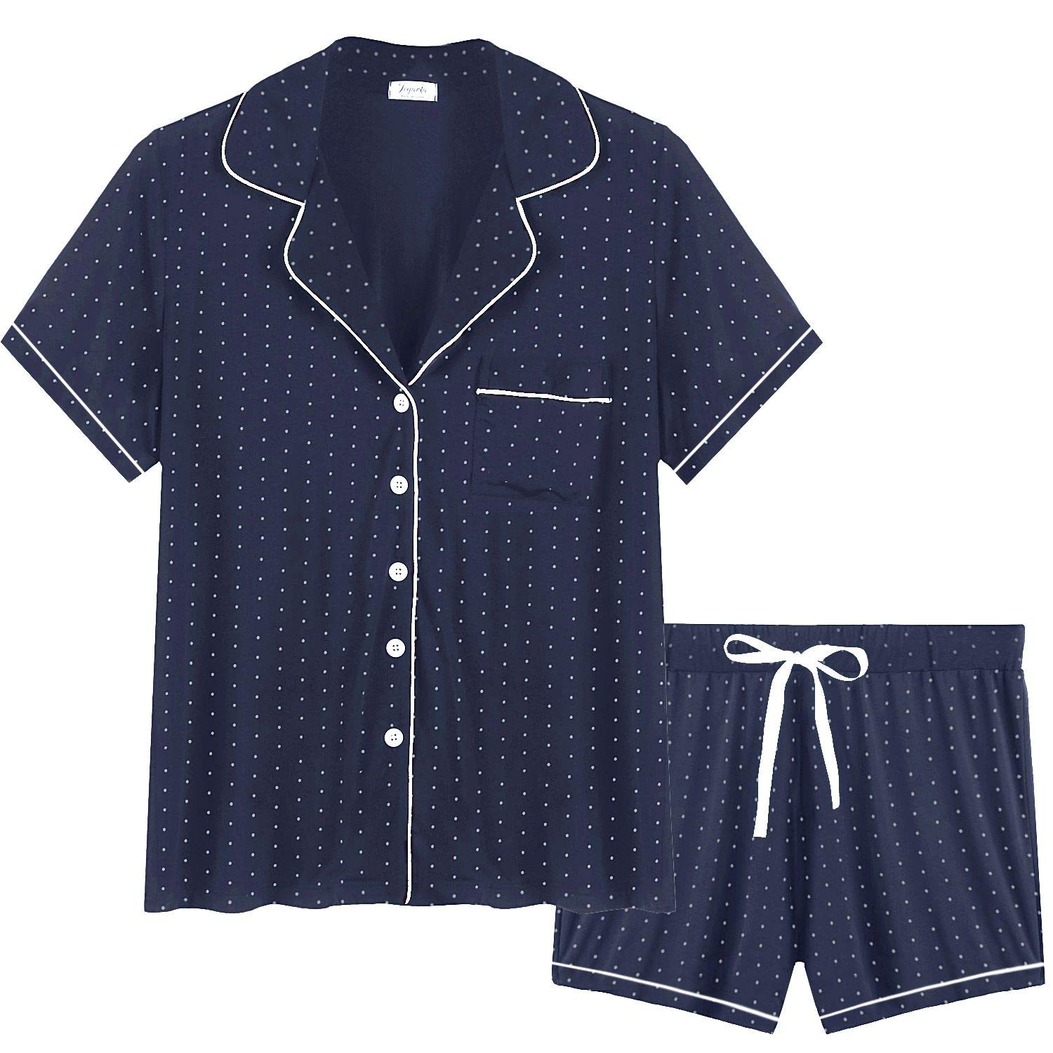 Womens Comfy Bamboo Viscose Pj Sets Button Down Short Sleeve Pajama Shorts Set Loungewear(Navy Polka Dot,XL)