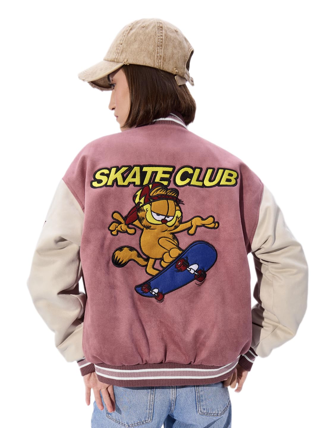 the souled store Garfield: I Skate Mondays Women and Girls Long Sleeves Button Front Pink and Beige Embroidery Polyester Oversized Varsity Jackets-picture-37