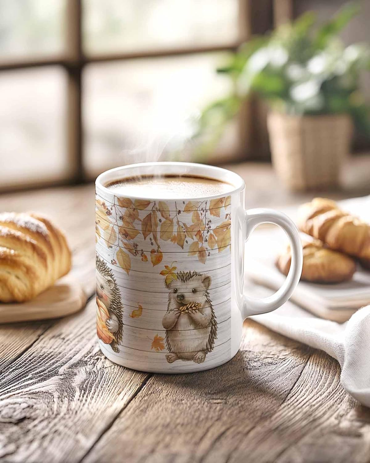 BEMIGO Ceramic Coffee Mug Fall Hedgehog Leaf Ceramic Mug White Cup, Rustic Wood Grain Insulated Coffee Cup with Handle with Pattern Perfect for Tea and Hot Beverages, 12oz