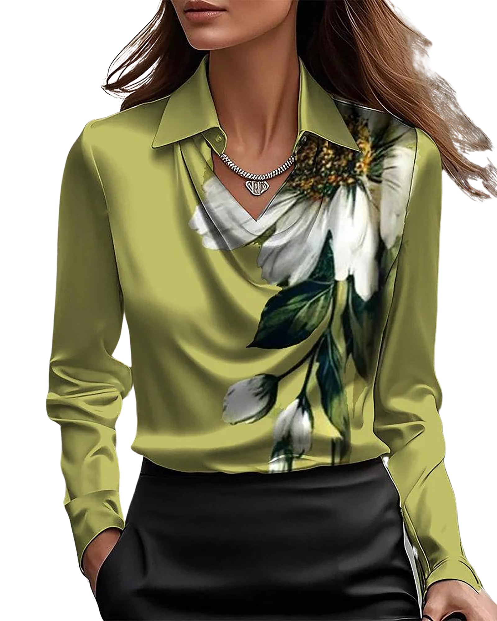 Llecdaseui Women's Green Flower Elegant Cowl Neck Satin Blouse Long Sleeve Office Work Shirt Silk Top (Xxl,)