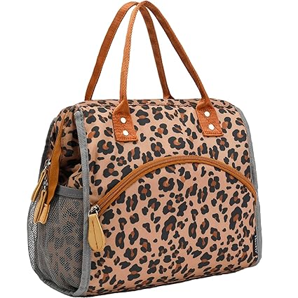 FlowFly Insulated Lunch Bag Wide-Open Lunch Box Large Tote Leakproof Cooler with Drink Holder and Multi Pockects for Women Men Adult Kids Work Picnic Travel Beach Hiking, Leopard