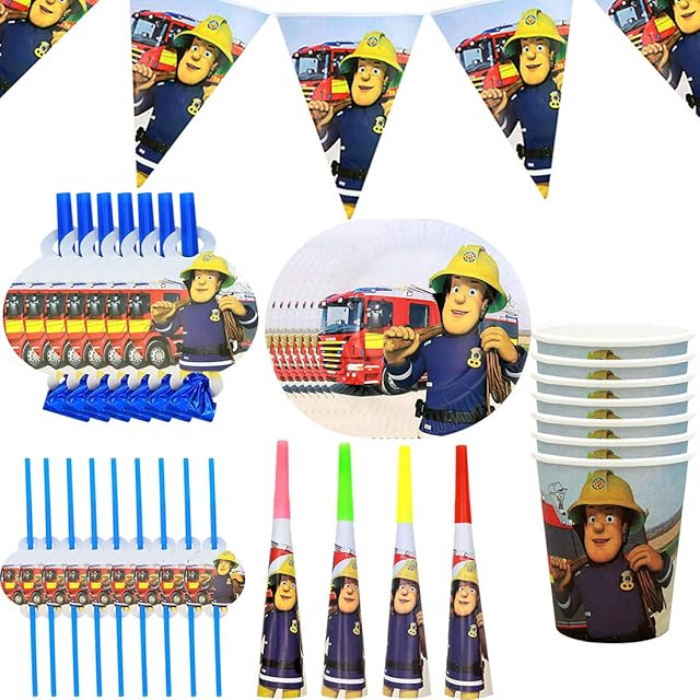 Miotlsy Birthday Party Set 51-piece Party Set Fireman Sam Plate Mug Napkin Tablecloth Birthday Decoration Set Happy Birthday Decoration Colorful Party Chain Garland Banner