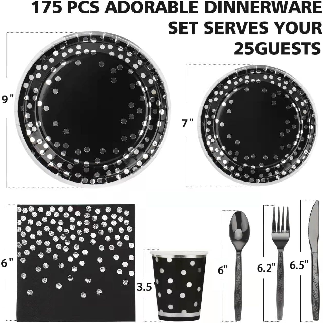 175PCS Black & Silver Party Supplies - Silver Dot Disposable Dinnerware - Black Paper Plates, Napkins, Cups, Plastic Forks, Knives, Spoons for New Year, Wedding, Graduation, Birthday Parties