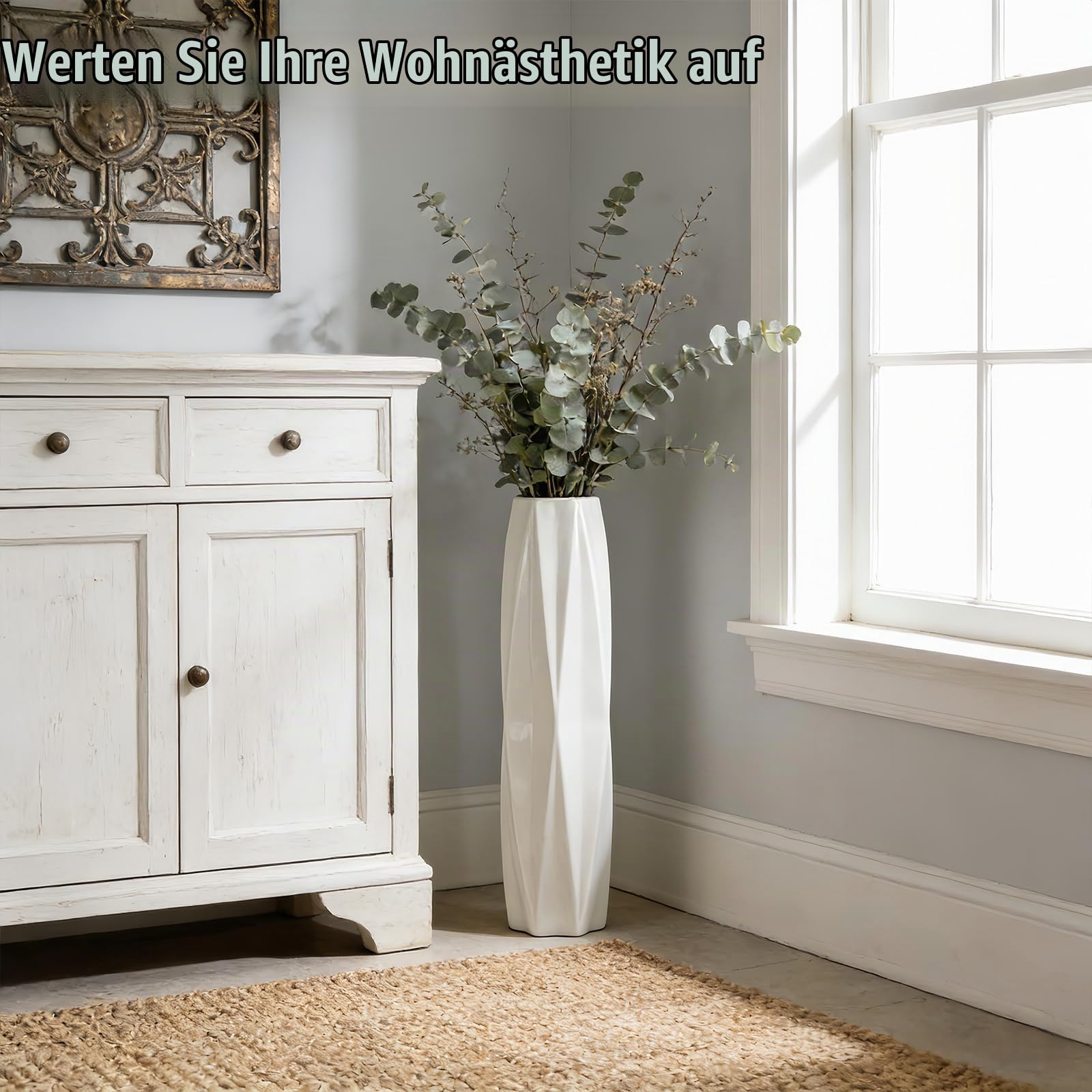 24" Weißer Keramik Bodenvasen 60cm, Große Dekorative Blumenvasen für Wohnzimmer, Schlafzimmer und Büro, Modernes Wohnaccessoire, Glänzende Glasur