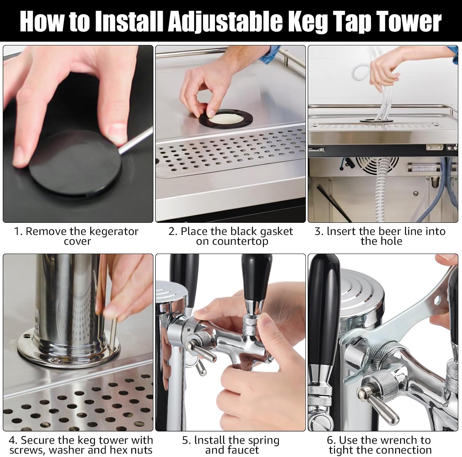 3'' Triple-Tap Kegerator Tower Stainless Beer Tap Tower with Pre-Assembled Beer Line & Flow Adjustable Beer Faucet Spillproof Less Foam Draft Beer Dispenser Kegerator Parts for Bar Home Party Wedding