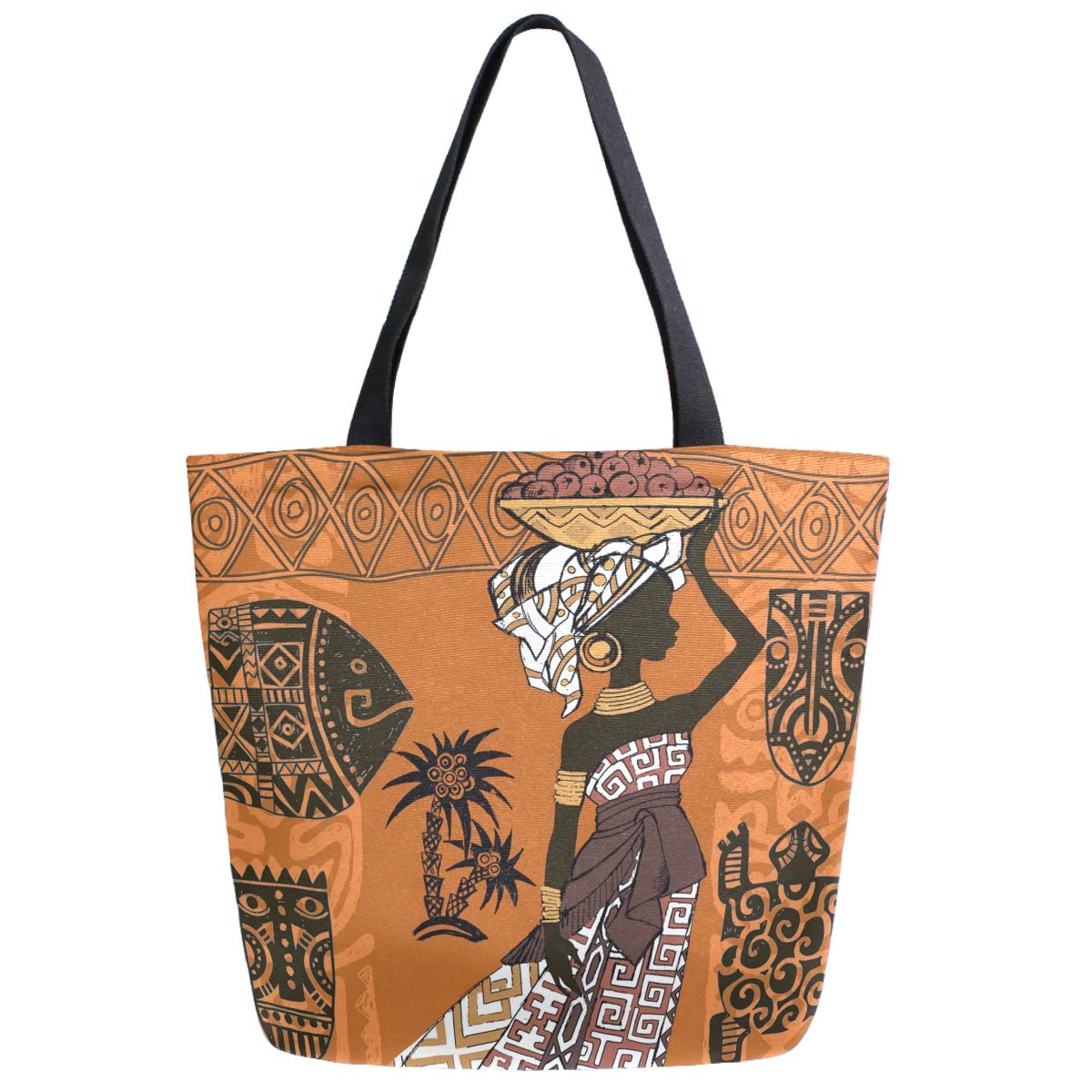Chic Extra Large Shoulder Grocery Tote Bag, Beautiful Black Woman African Ornaments Pattern Canvas Reusable Handle Bags for Men Women Gym Weekender