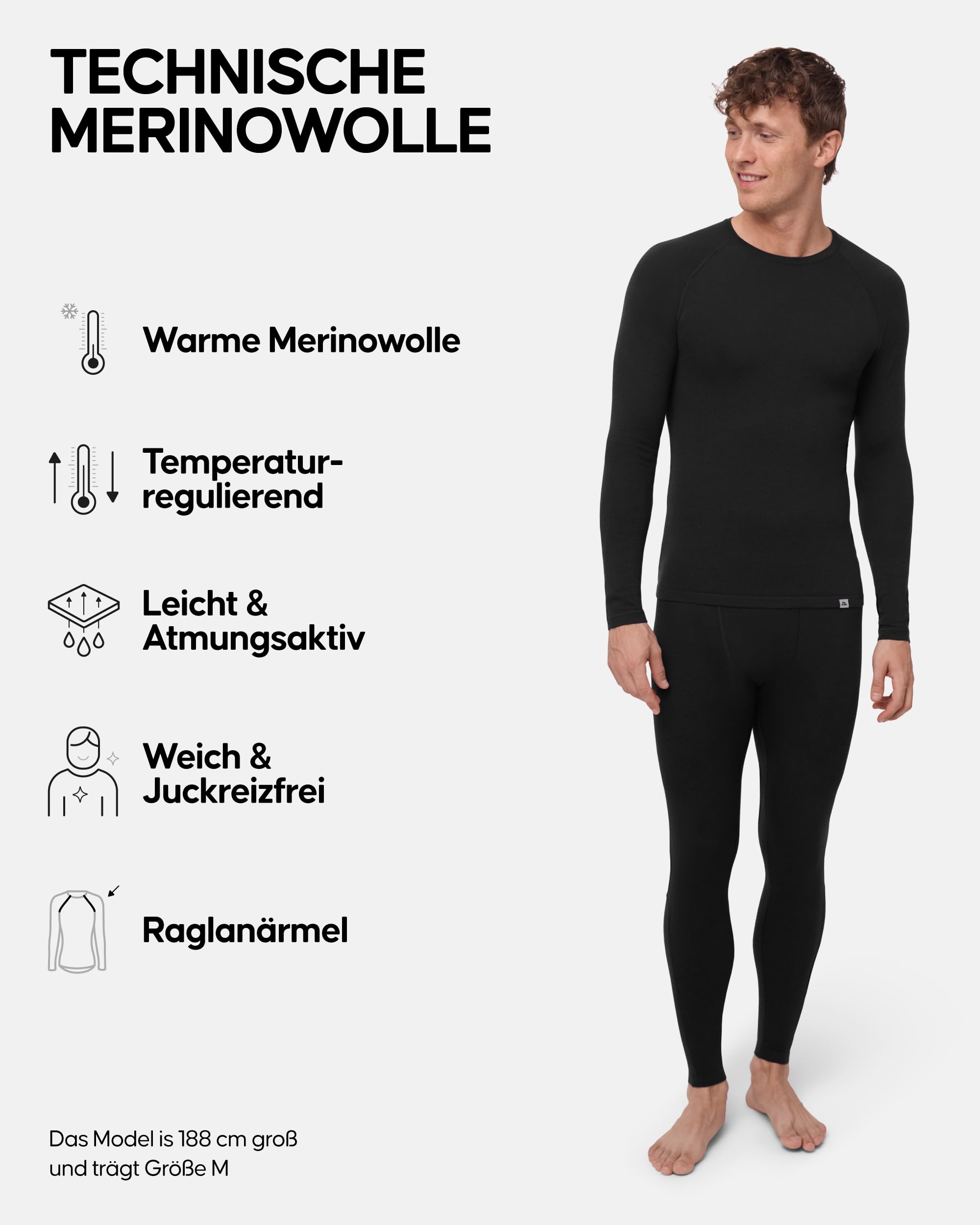 DANISH ENDURANCE Merino Thermounterwäsche Herren, Premium Skiunterwäsche, Funktionsunterwäsche Set, Warm & Atmungsaktiv, Merino Unterwäsche Herren