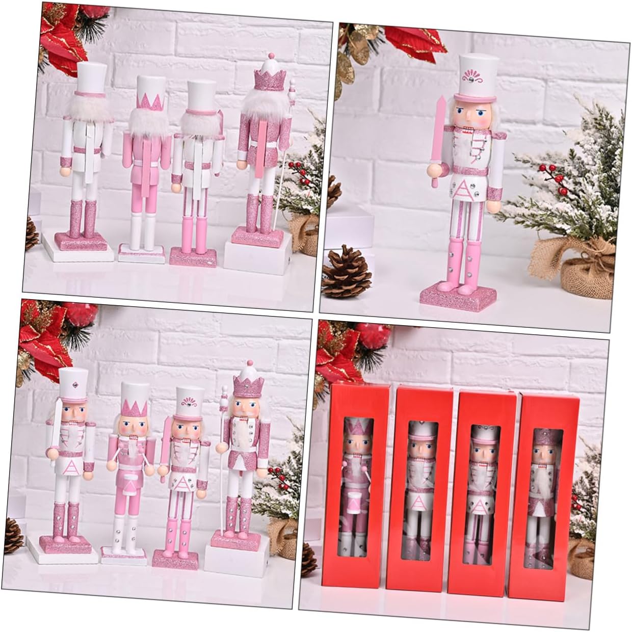 Veemoon 4pcs 24cm Pink Wooden Nutcracker Figurines Christmas Nutcracker Decoration Set Desktop Xmas Tabletop Ornament Holiday