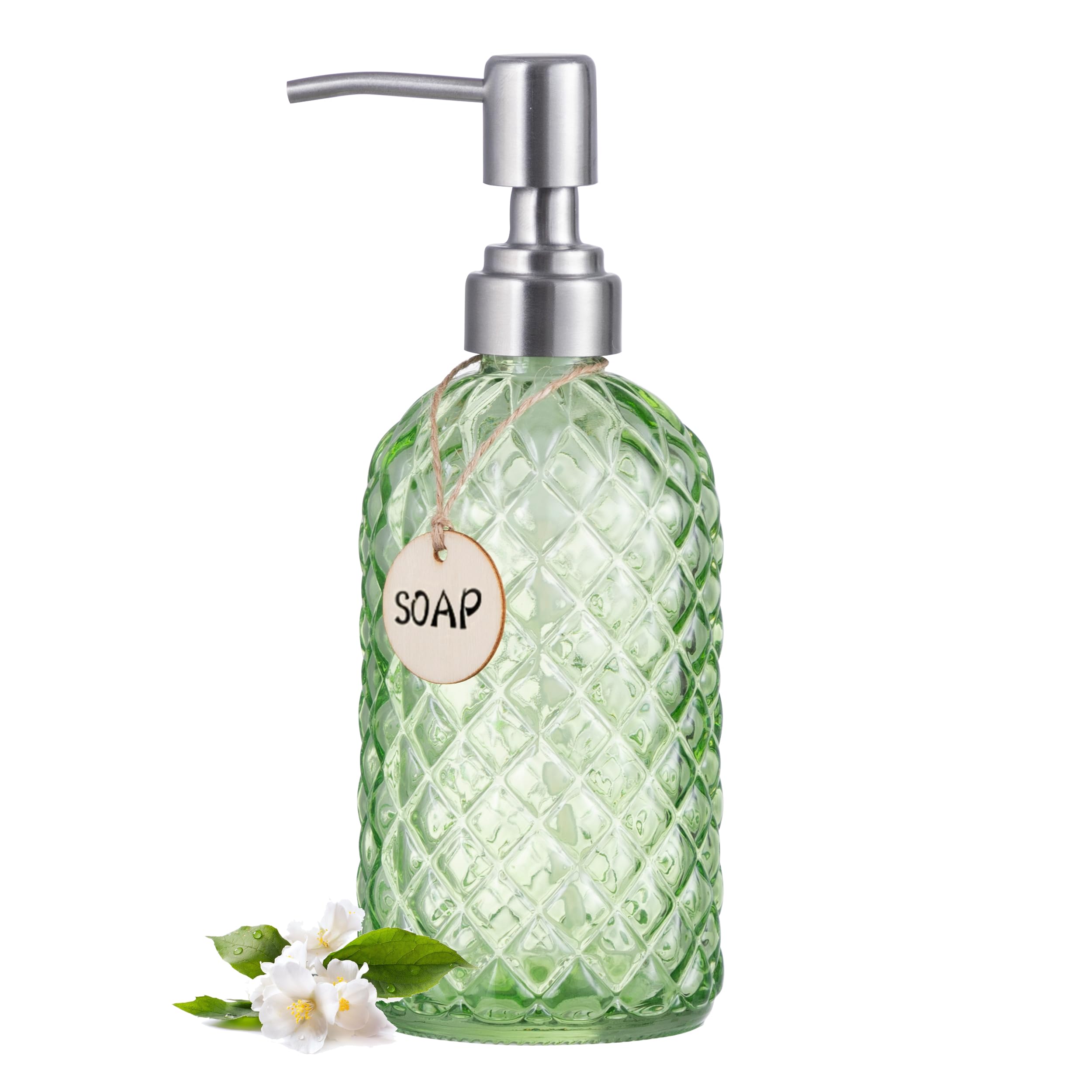 Vorey 16 Oz Glass Soap Dispenser with 304 Stainless Steel Pump, Refillable Liquid Hand Soap Dispenser for Kitchen, Bathroom, Farmhouse Decor Accessories (1 Green, Diamond)