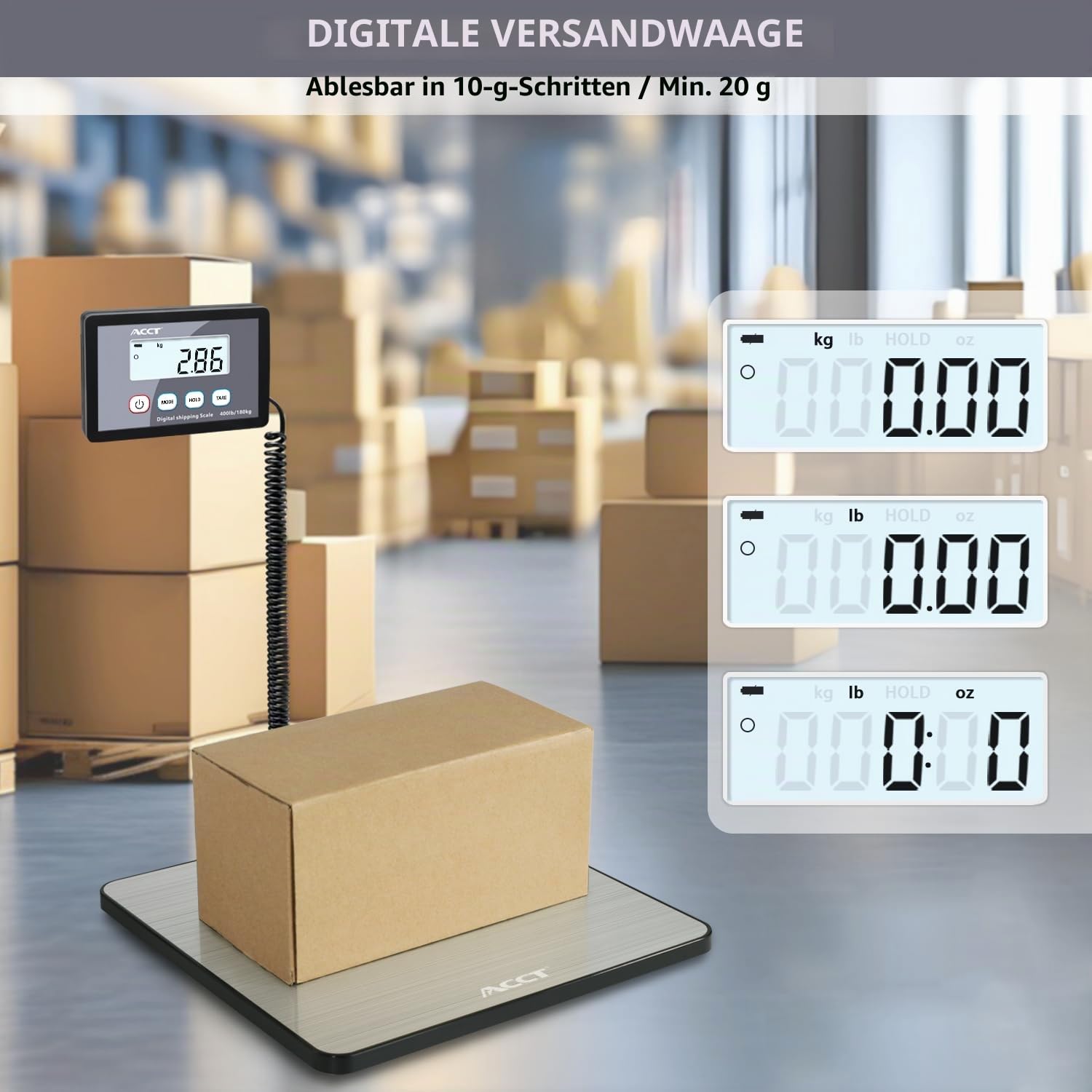 Paketwaage, 400 lb/1 oz, digitale Briefwaage mit Halte-/Auto-Off-/Tara-Funktion, digitalwaage für Pakete/Haustiere/Gepäck/Büro, gepäckwaage, Batterien und USB-Kabel im Lieferumfang enthalten