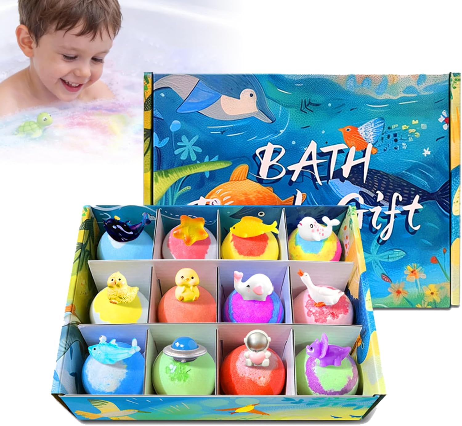 Bubble Buddies Bath Toy, 12-Piece Ocean Surprise Toy Bath Bomb Set, with Surprise Spring Toys Inside - Easter Basket Stuffers for Boys Girls, Bath Bombs Gift for Kids 3+ (Land, sea and air)