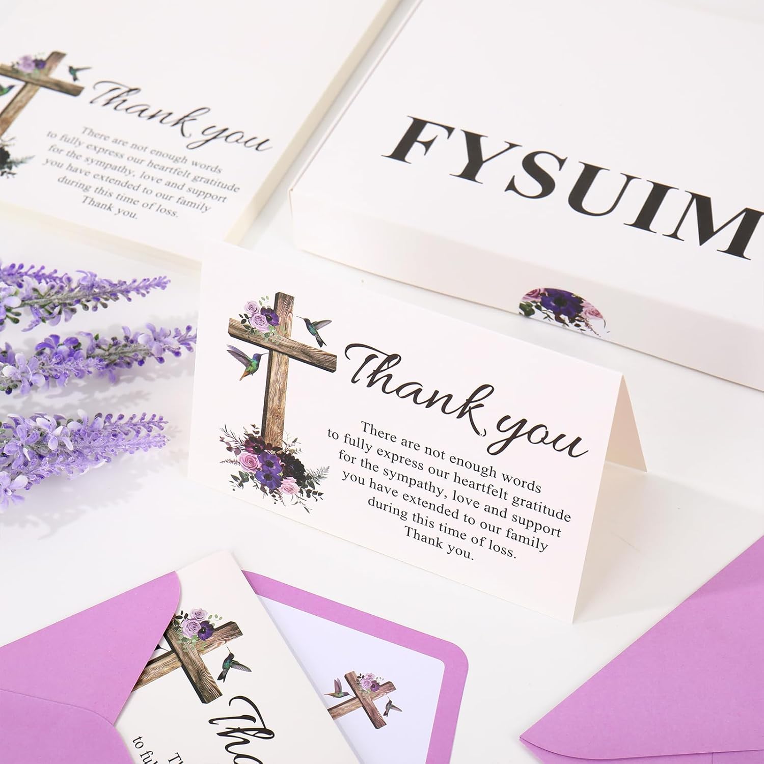 50Pcs Funeral Thank You Cards Boxed Purple Floral Cross Sympathy Thank You Cards with Sticker Envelope Bereavement Card for Memorial Service Loved Ones Celebration of Life - Image 4