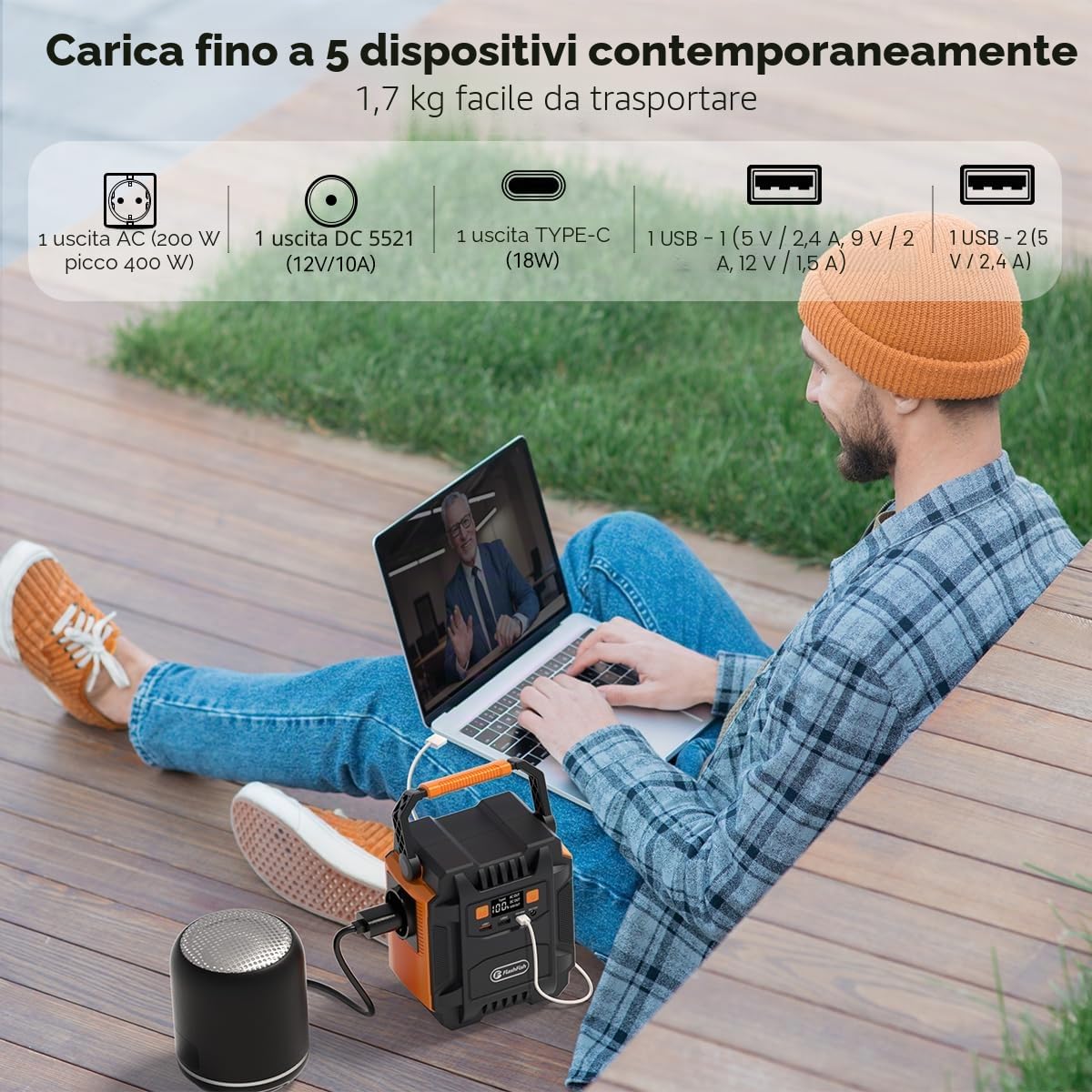 FlashFish - Power station portatile, 172,8 Wh/200 W, generatore solare 230 V | Generatore di corrente a batteria con AC/DC/USB/LED, generatore di emergenza per campeggio, viaggi, interruzioni di corrente