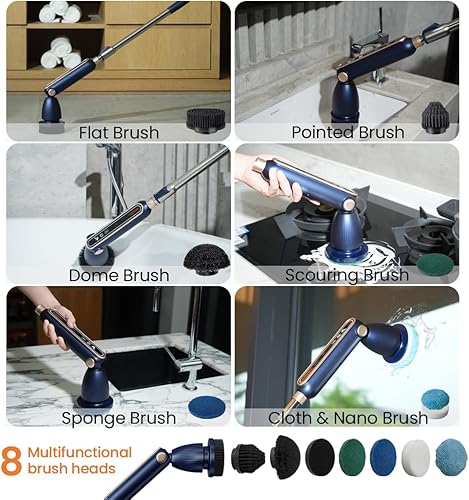 Miniatura 8 de Cepillo eléctrico giratorio 16 en 1 con ángulos y cabezales ajustables, limpiador eléctrico de baño con mango extensible, LED interactivo,