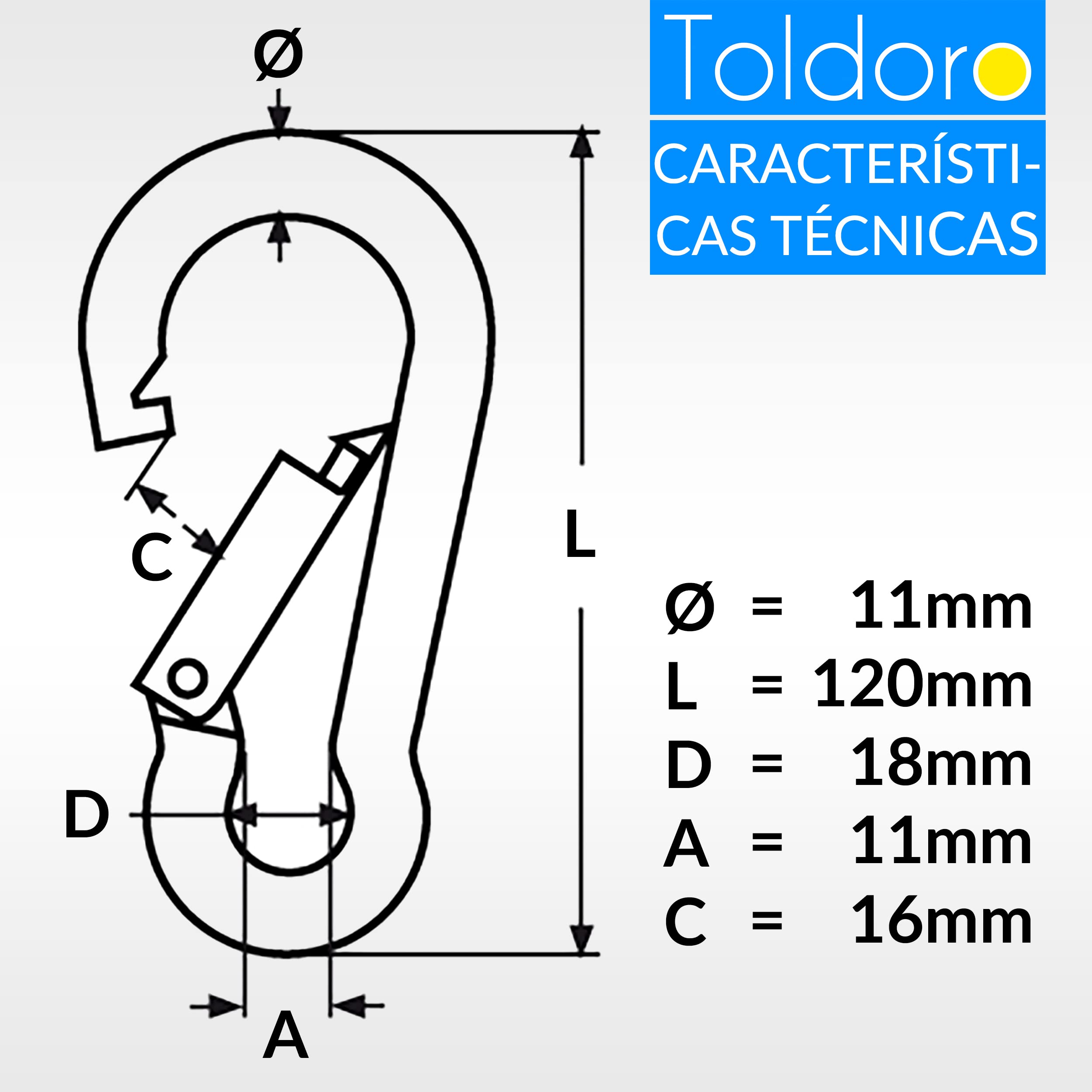 Toldoro 10 Piezas de mosquetones 11x120mm de Acero Inoxidable Niro AISI 316 V4A - Diferentes tamaños y cantidades Disponibles - mosquetón de Bomberos mosquetón sin dedal