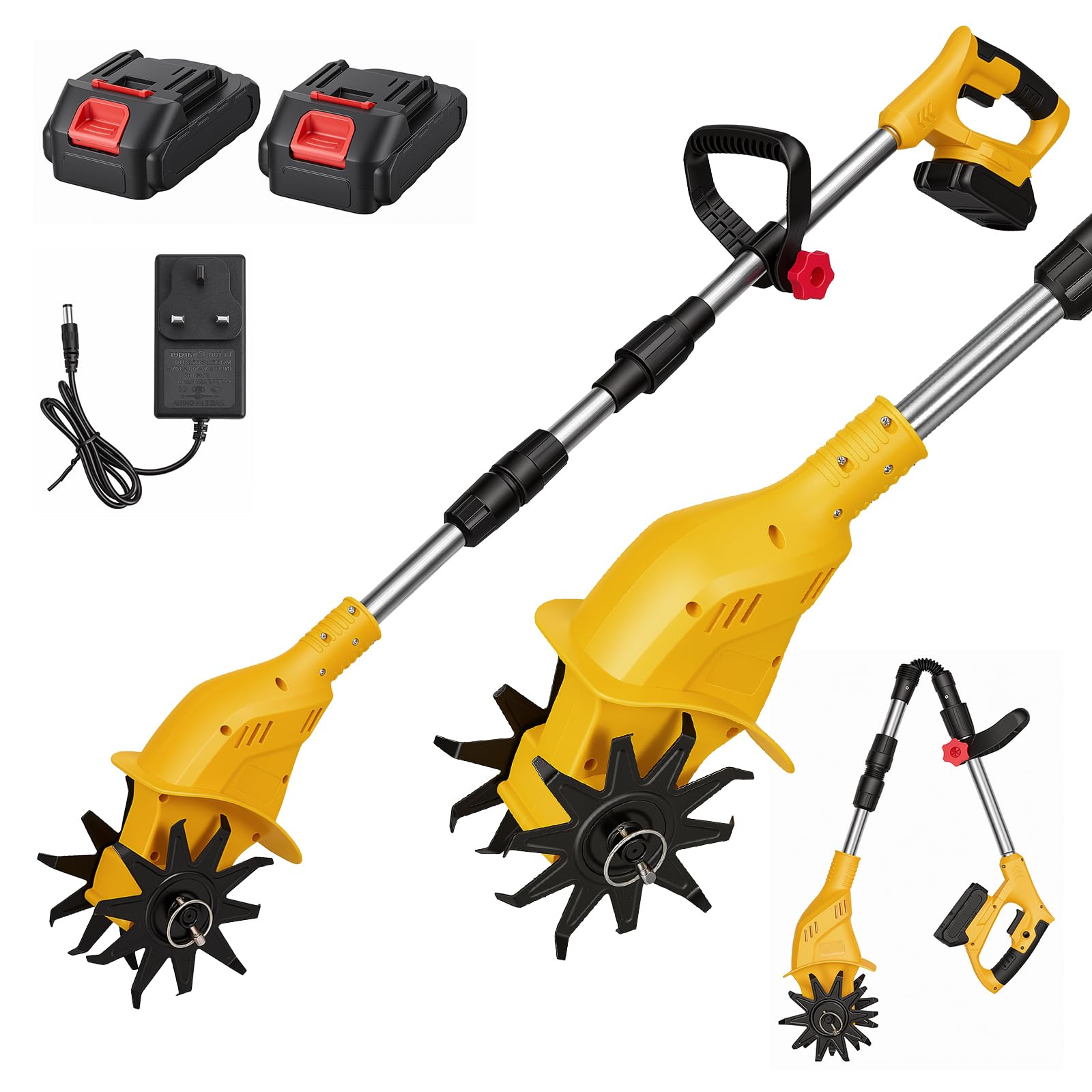 Cordless Rotavator, 3.3kg Lightweight Garden Electric Tiller with 2x 3.0Ah Batteries (60 Mins), Anti-Tangle Manganese Blades, Foldable Soil Cultivator for Allotments & Raised Beds