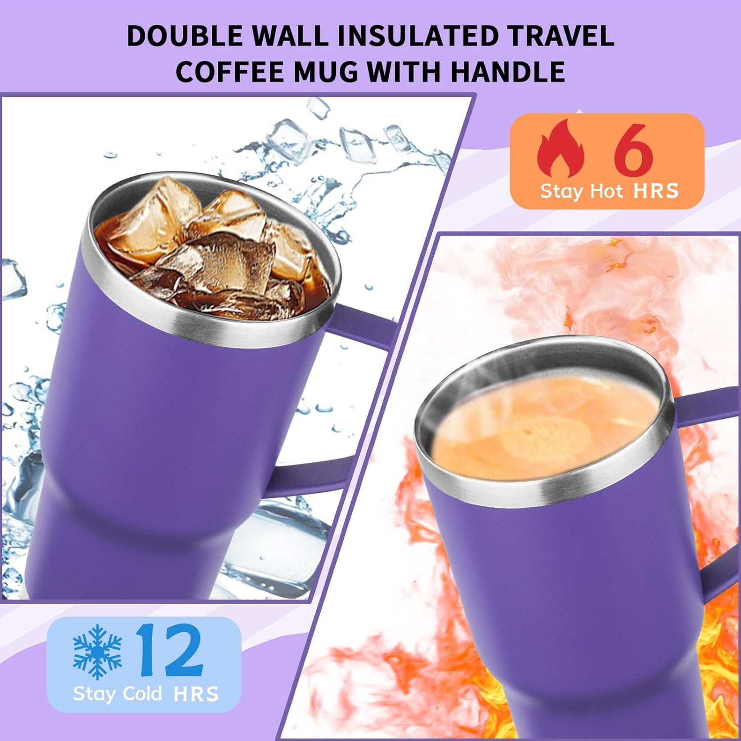 20oz Insulated Tumbler with Handle Stainless Steel Travel Coffee Mug with Lid and Straw Double Wall Vacuum Leak-proof Reusable Thermal Water Cup for Hot and Cold Drinks (Purple,1 Pack) - Image 4