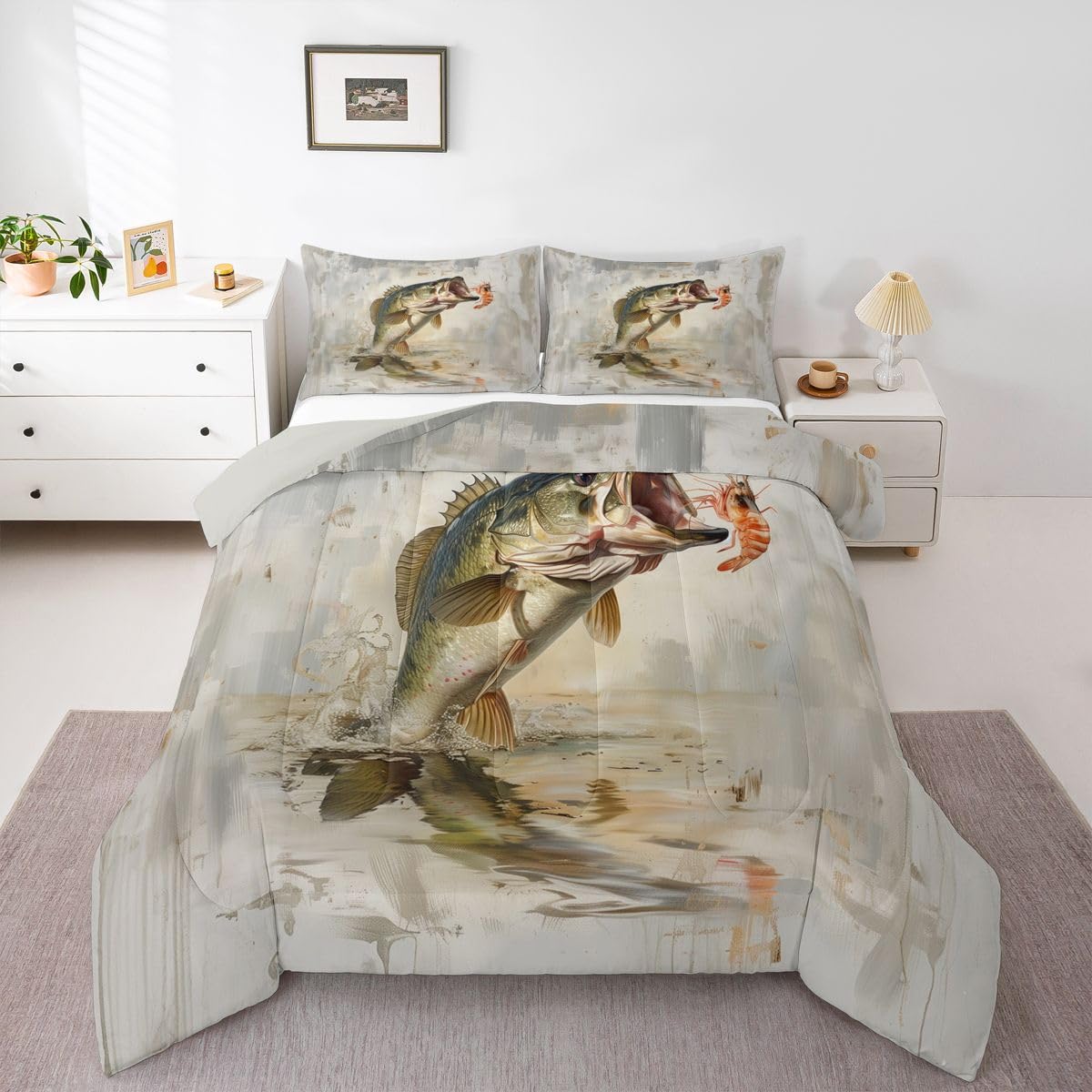 Homemissing Bass Fish Letto Trapuntato Caccia E Pesca Per Ragazzi Ragazze Country Lodge Set Piumini 230x220cm 3 Pezzi Room Decor