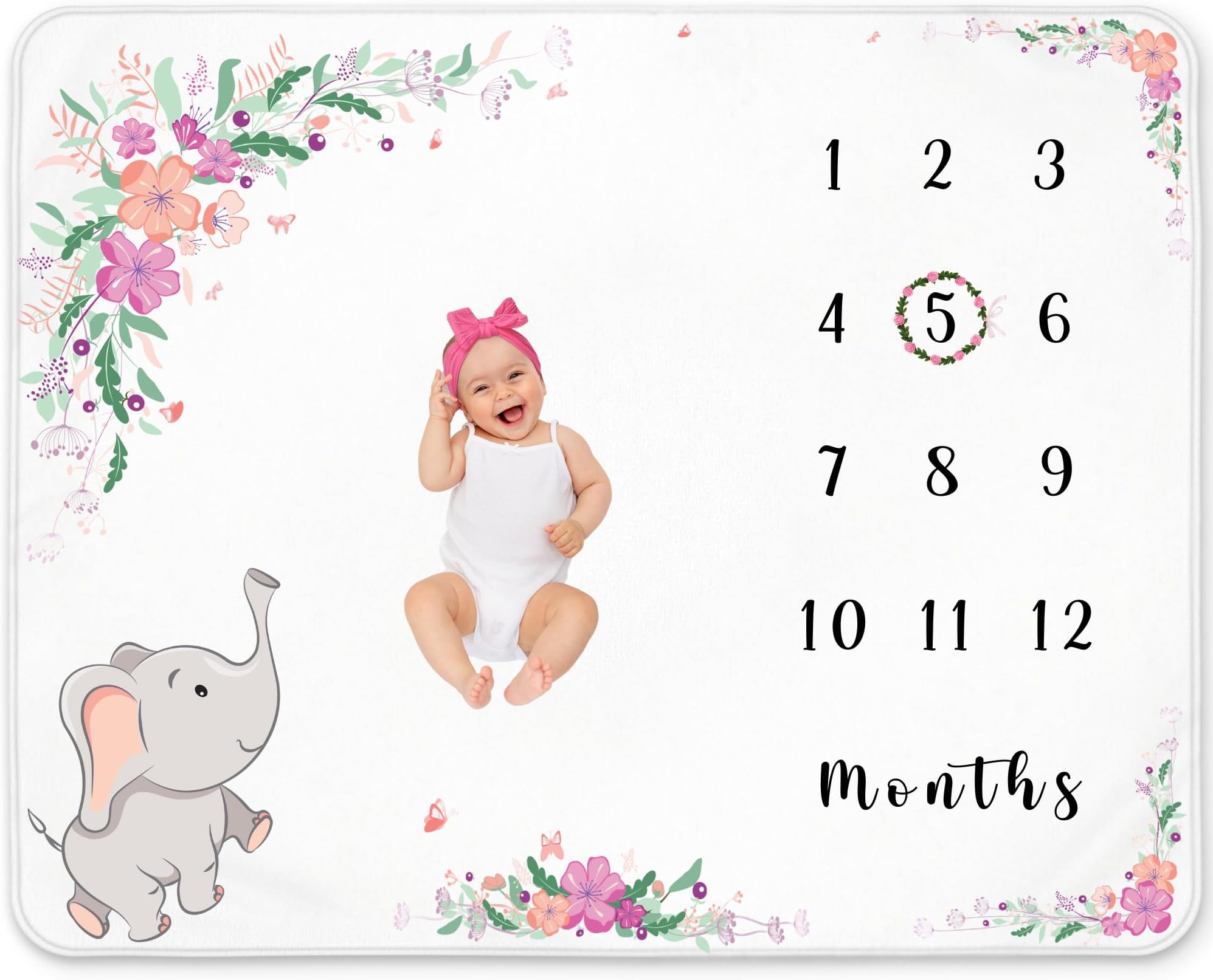 Baby Girl Milestone Blanket – Floral Elephant Design – Soft Fleece Monthly Growth Blanket with Accessories for Photos and Nursery Décor 50x40 Inches