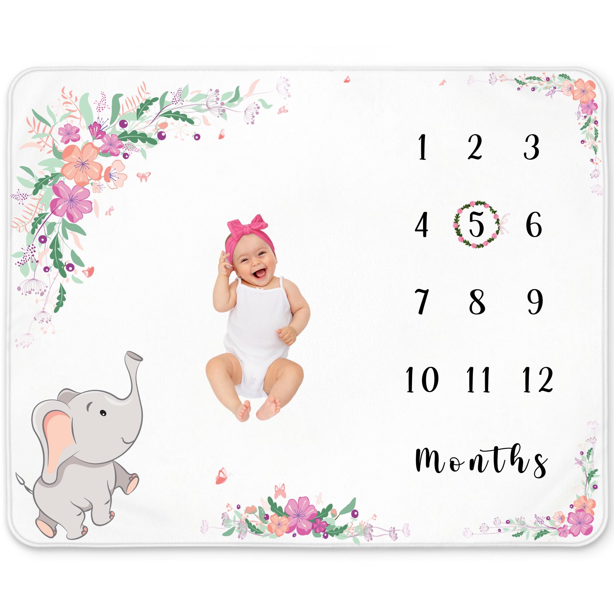 Baby Girl Milestone Blanket – Floral Elephant Design – Soft Fleece Monthly Growth Blanket with Accessories for Photos and Nursery Décor 50x40 Inches